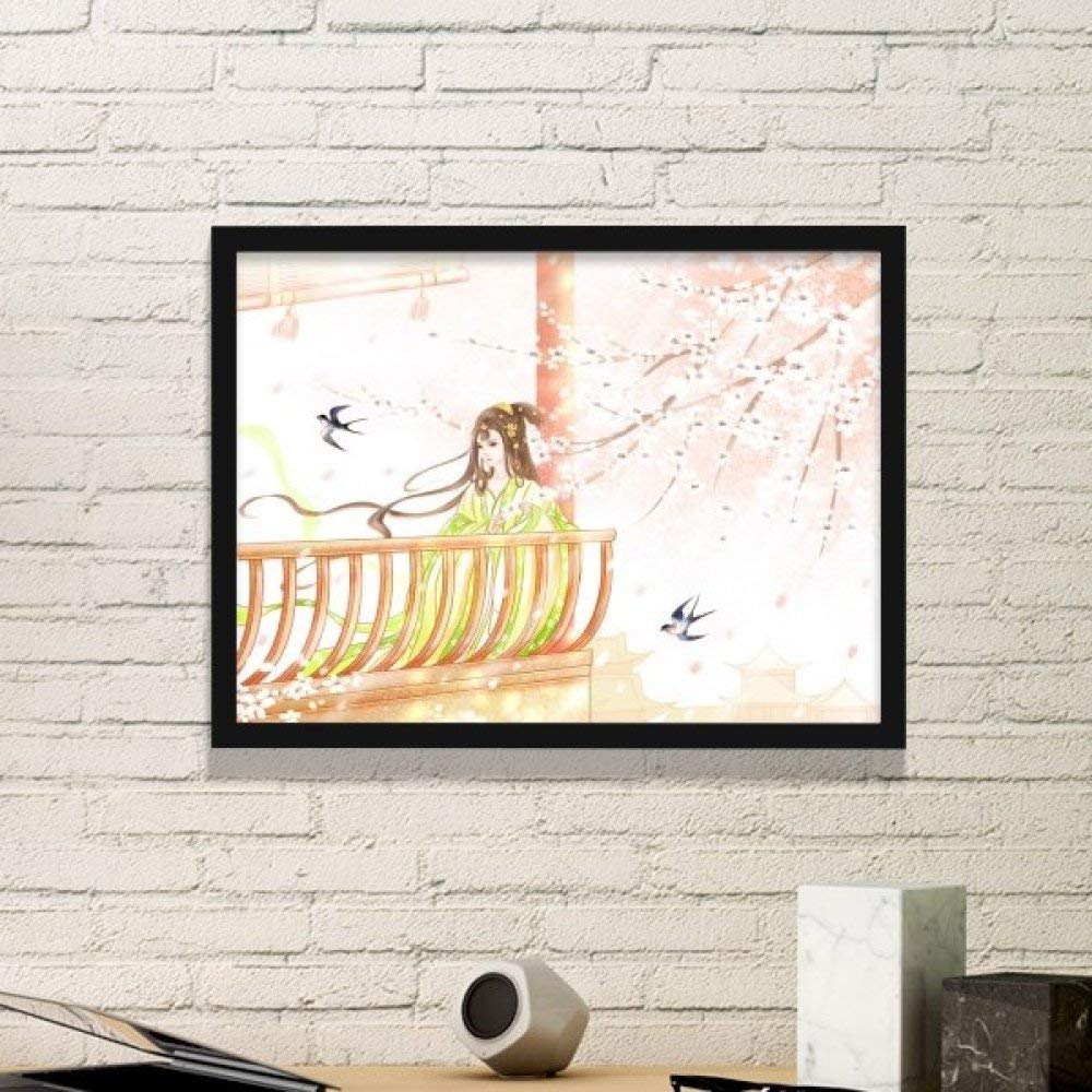 Peinture chinoise hirondelle aquarelle petit cadre noir idée cadeau originale