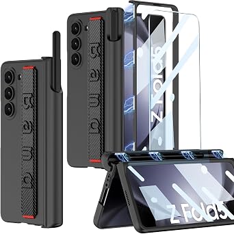 لـ Samsung Galaxy Z Fold 5 Case with Wrist Strap & Screen Protector & S Pen Slot، Magnetic Hinge Protective Bumper Case Ultra Slim Shockproof Anti-Scratch for Samsung Z Fold 5 5G Black