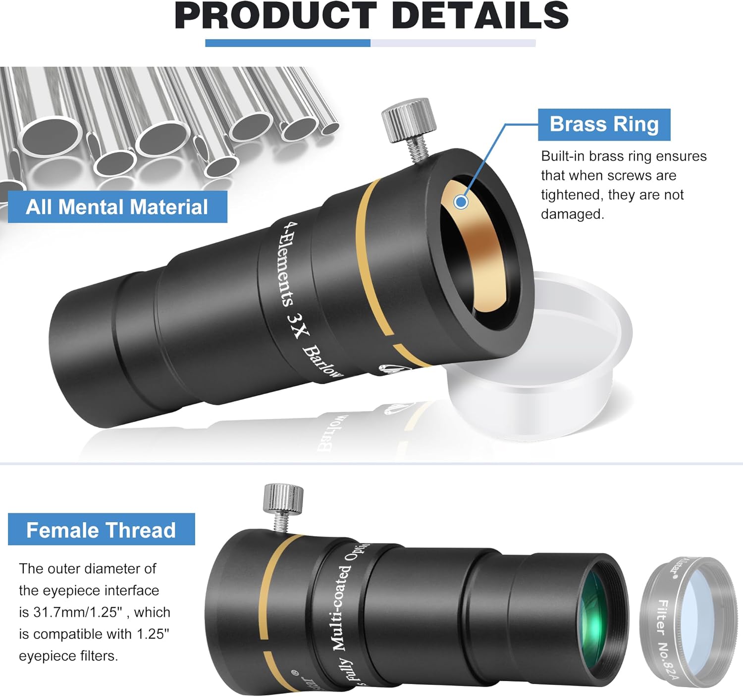 Alstar 1.25 inch 3X Short Barlow Lens, 4-Elements Fully Multi-Coated Optics Telescope Accessory with Brass Compression Ring for Astronomy Planetary Observation