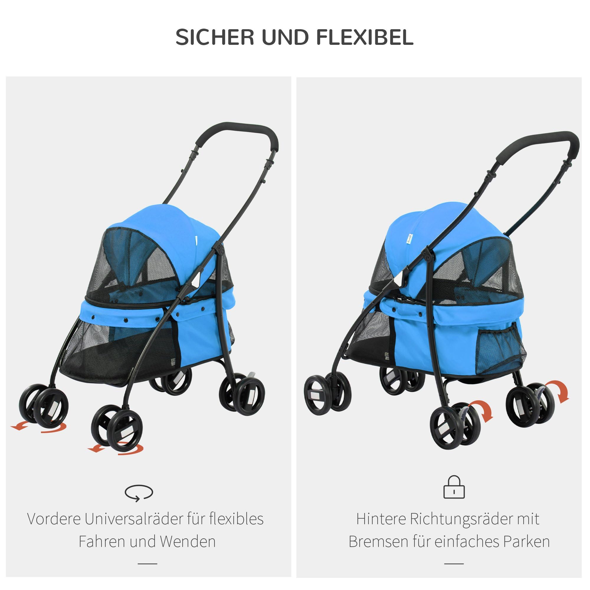 PawHut Wózek dla psa z poduszką, z okienkiem z siatki, składany, wózek dla kotów, do 10 kg, z 2 smyczami bezpieczeństwa, wózek dla psów, tkanina Oxford, niebieski