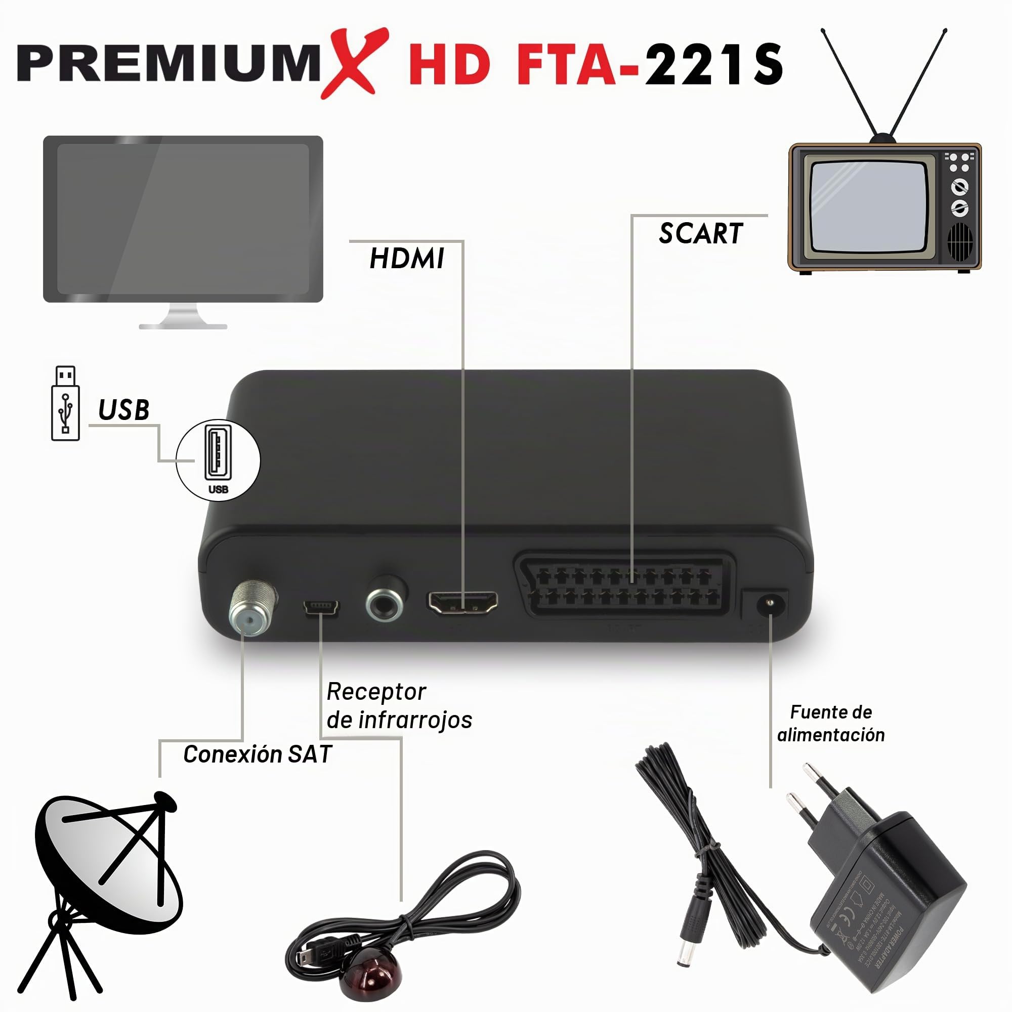 Receptor de satélite Premium X HD 221S - DVB-S2 FTA Receptor de satélite digital compatible con Unicable, HDMI y SCART, reproductor multimedia USB, transmisor alemán compacto preinstalado