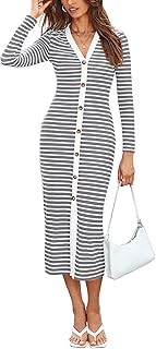 Women Casual Long Sleeve Dress Fall Dresses 2024 Striped Midi Dresses Decorative Button Ribbed Knit Dresses - Buy now