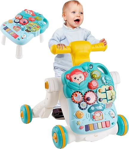 Miniatura 2 de Caminante de aprendizaje sentado a pie 3 en 1, andador de empuje para bebés con mesa de juego musical, centro de actividades de educación temprana,