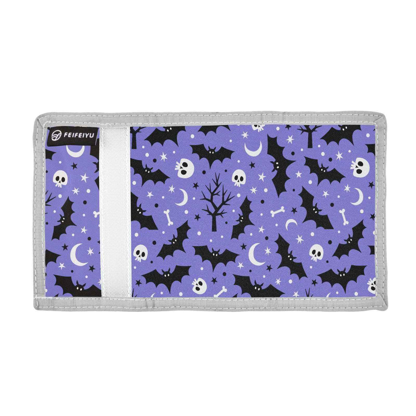 JHKKU Halloween Bats Skull Kids Wallet for Boys Girls, Teen Canvas Trifold Purse with Zipper Coin Pocket