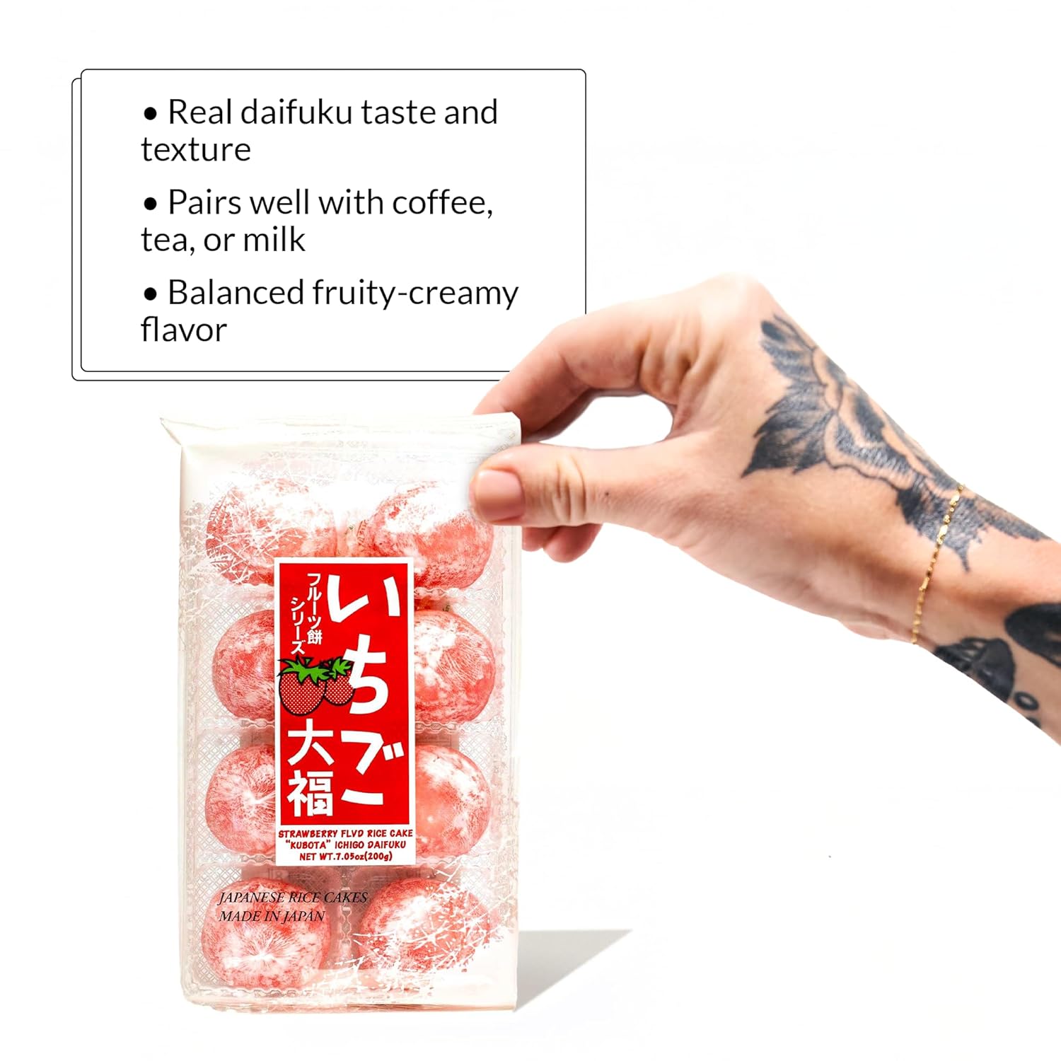 Japan Crate Kubota Daifuku Mochi - 4-Pack Strawberry Japanese Mochi Candy, Soft & Chewy Rice Cakes with Strawberry Paste Filling, Fridge & Freezer-Friendly Japanese Dessert