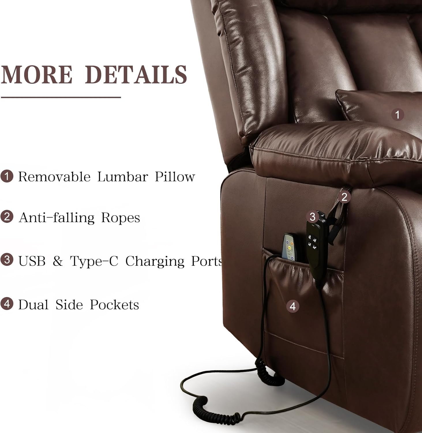 Infinite Position Lay Flat Lift Recliner Chair for Adults, Dual Motor Power Lift Chair for Elderly with Massage & Heating, Extended Footrest, USB Ports, Remote Control & Lumbar Pillow, Leather (Brown)