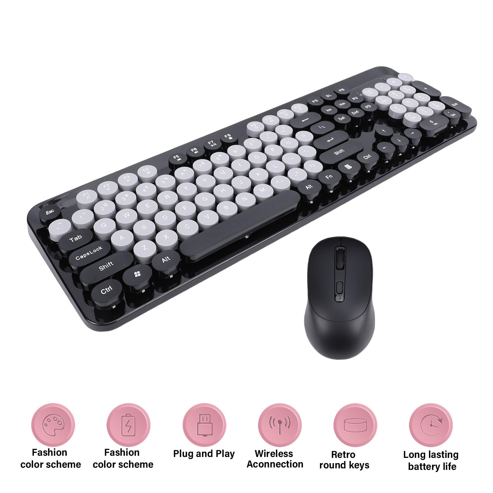 Luocute Combinazione Tastiera e Mouse Wireless, 104 Tasti in Stile retrò Carino Macchina da Scrivere con Tastierino Numerico e Mouse Silenzioso, per PC Portatile Desktop (BLACK)