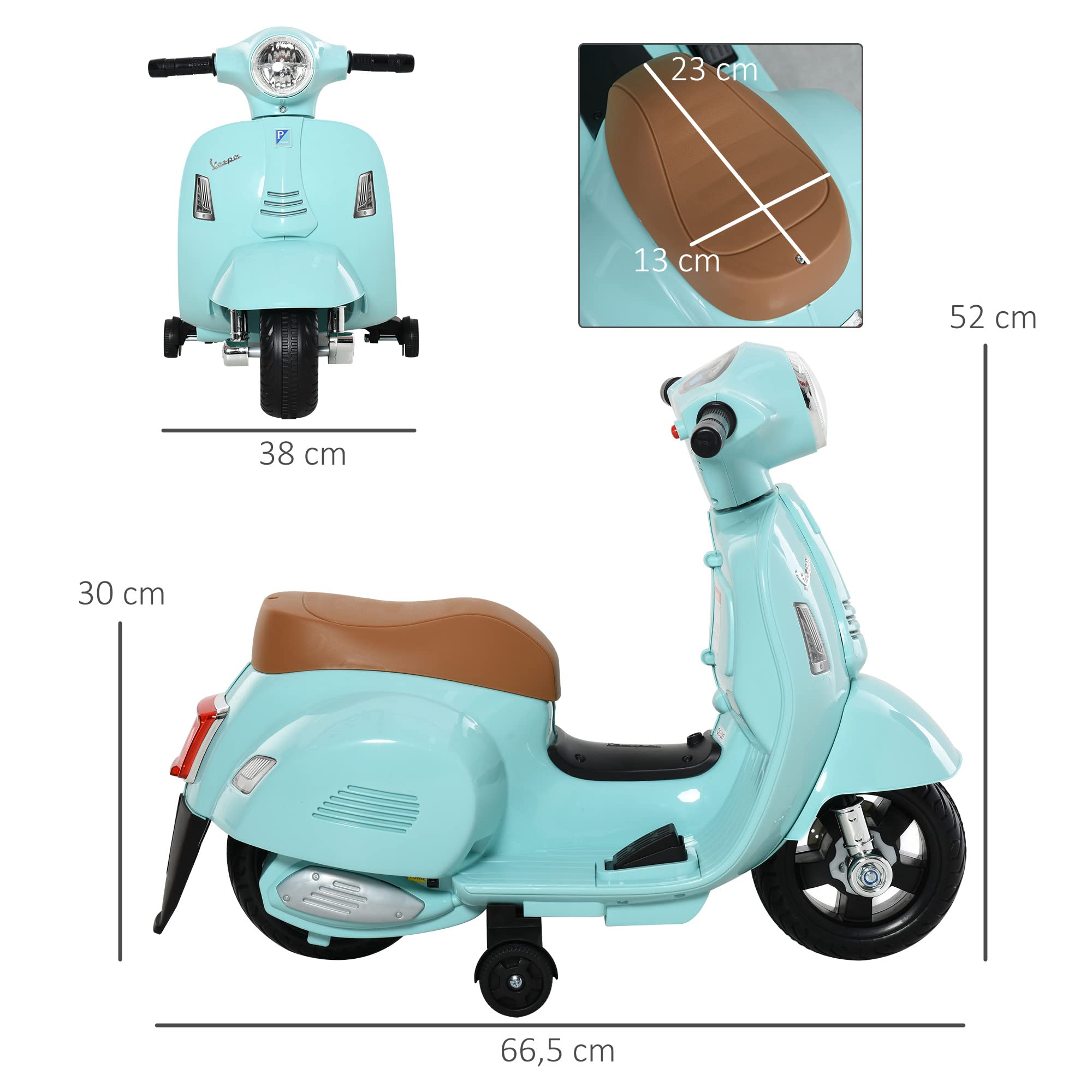 HOMCOM Moto Eléctrica Vespa para Niños de 18-36 Meses Moto de Batería 6V con Faro Bocina y 4 Ruedas Motocicleta Infantil con Licencia 66,5x38x52 cm Verde