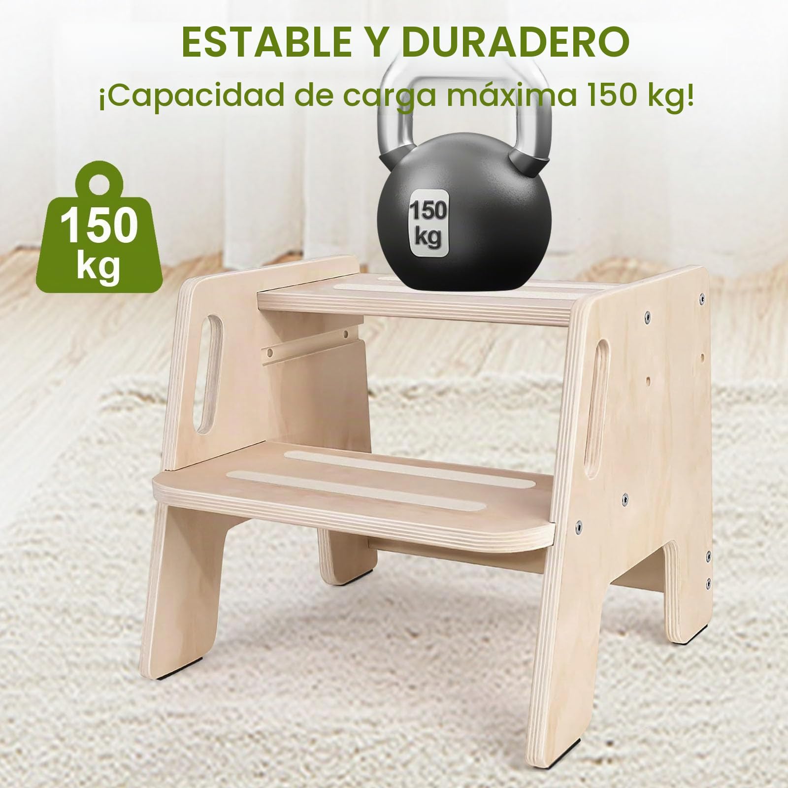 Kottwca Taburete infantil de 2 niveles, antideslizante, madera con asa, taburete estable, capacidad de carga de hasta 150 kg, reposapiés para niños, para baño, lavabo, cocina, habitación infantil
