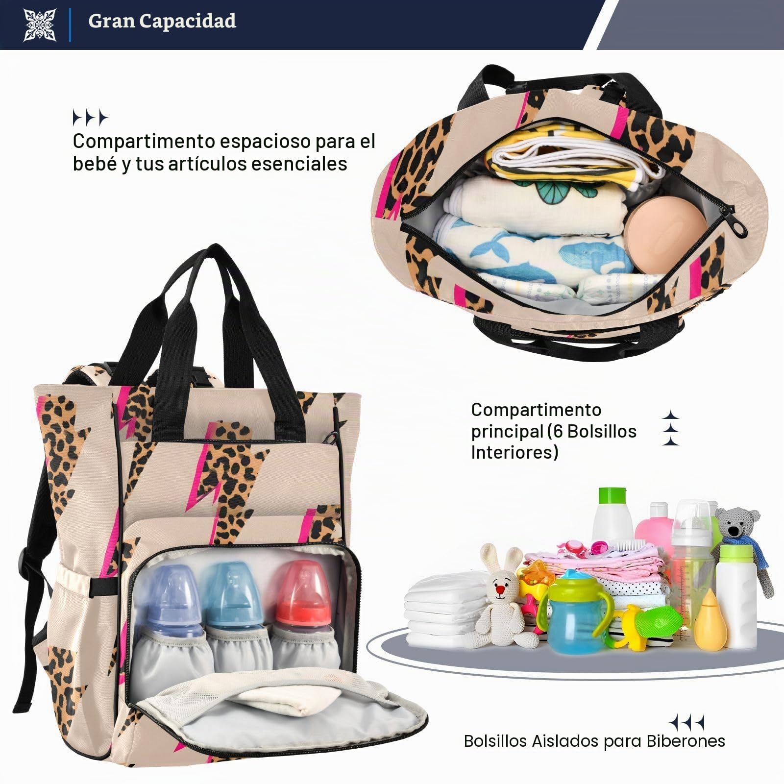 Mochila para pañales de bebé, bolsas de cambio de pañales multifuncionales para bebé con bolsillos aislados - patrón de estampado de leopardo relámpago