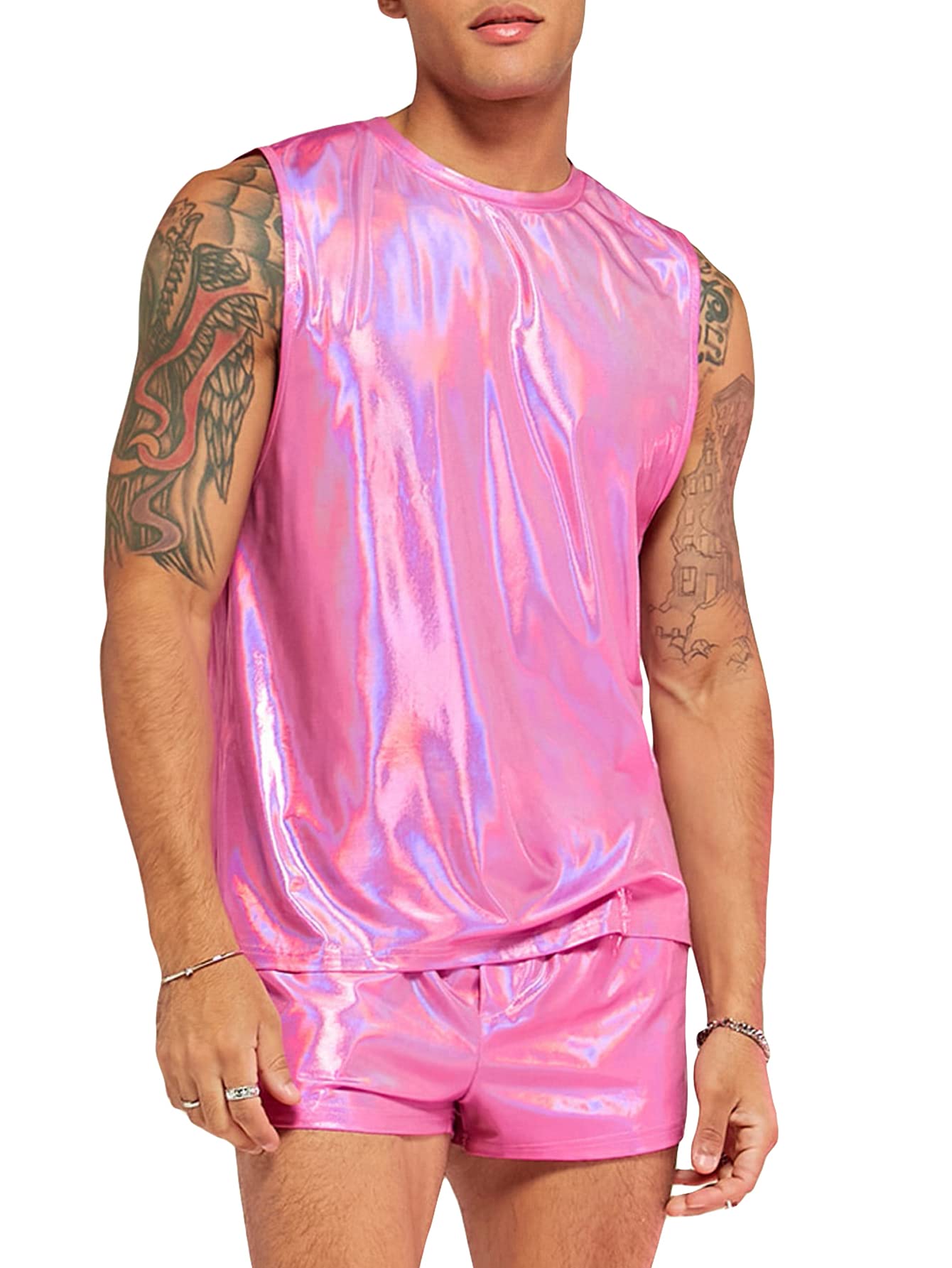 WDIRARAMen's 2 Piece Outfit Metallic Round Neck Sleeveless Tank Top and Drawstring Pocket Shorts