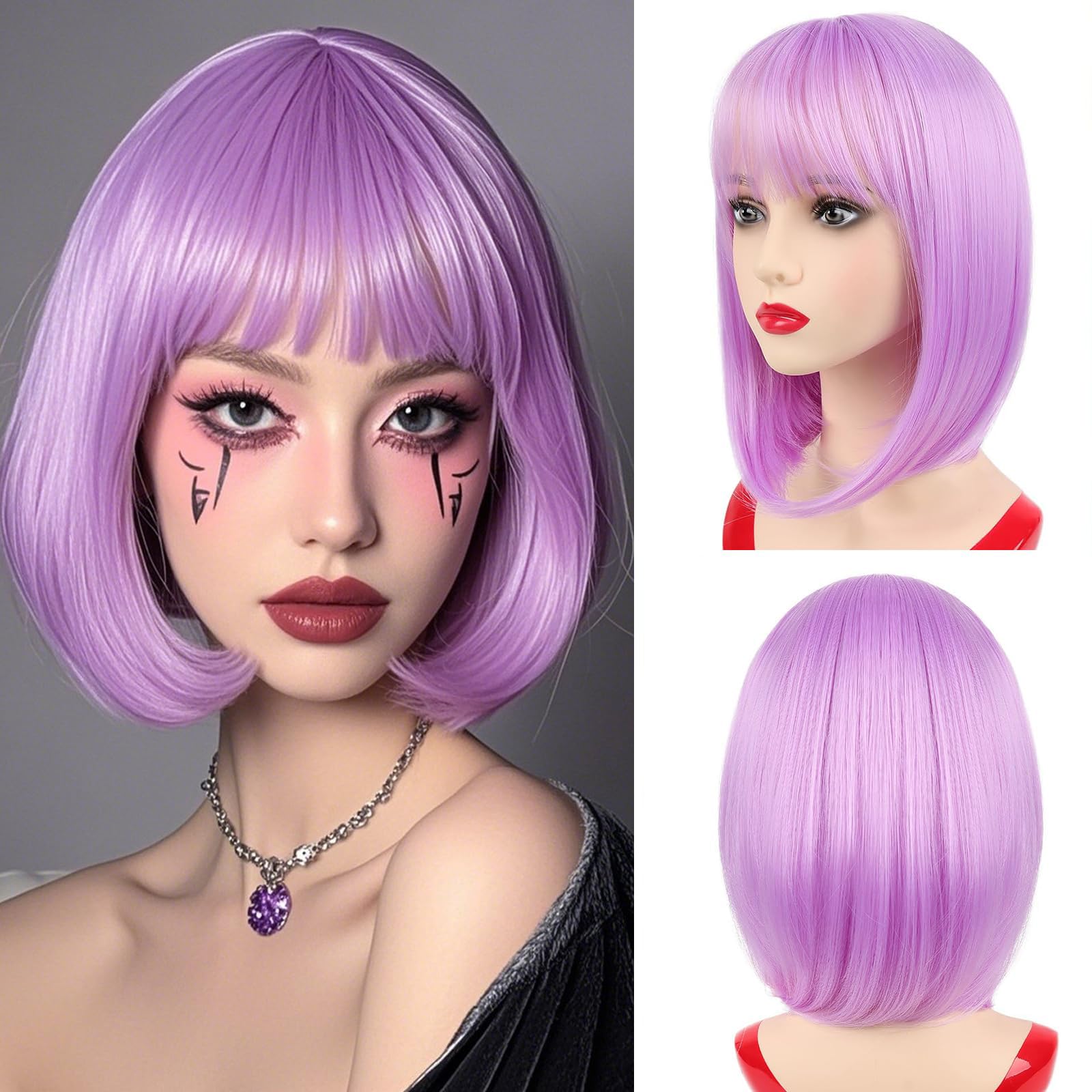 NOTICEME 14 Inch Light Purple Bob Wig with Bangs, Short Straight Synthetic Heat Resistant Wigs for Women with Adjustable Straps & Wig Cap for Party