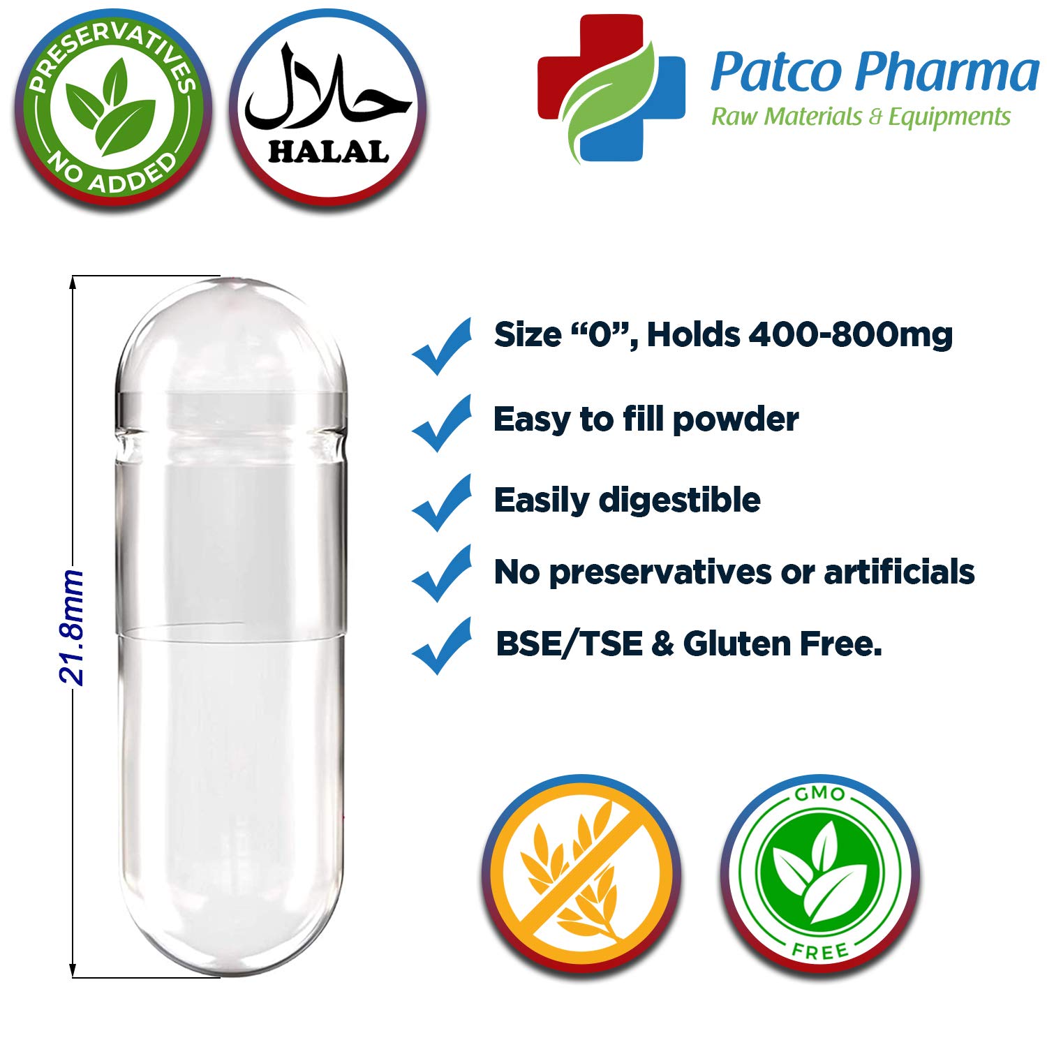 Patco Pharmaceuticals - Size 0 Empty Gelatin Pill Capsule Gluten Free/Halal Certified | DIY Filling Powder (Pack of 500 Pcs) 1