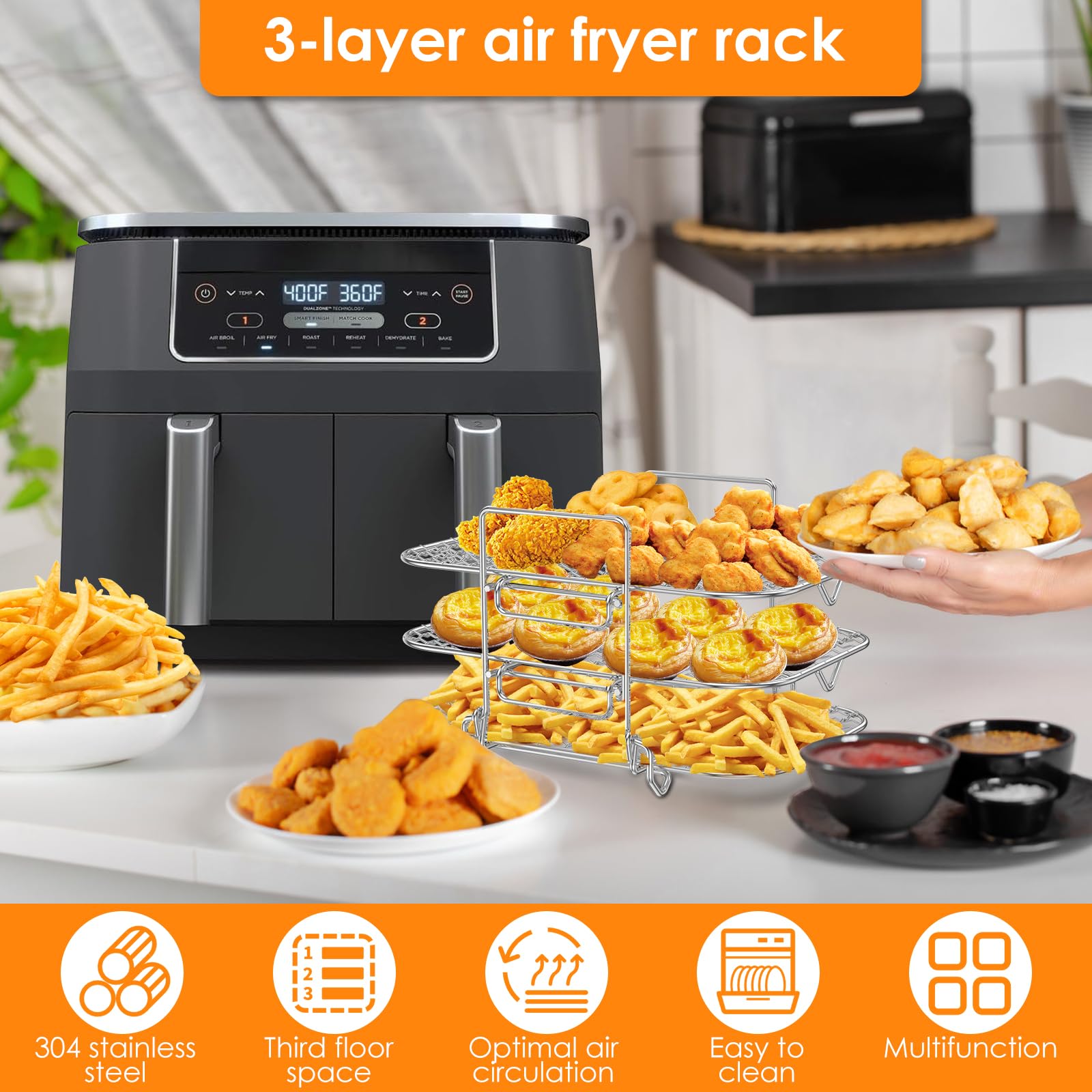 Air Fryer Rack, 3 Layer Dehydrator Rack, Air Fryer Three Stackable Racks, Stainless Steel Air Fryer Grill Rack, Multifunctional Grilling Rack for Double Basket Air Fryer Baking
