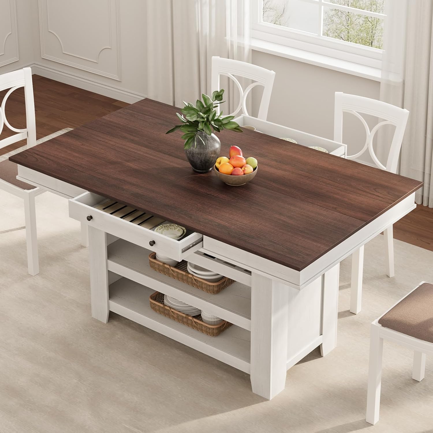 GarveeHome Counter Height Dining Table for 4-6, Wood Bar Height Tall Dining Table with Deepened Wine Rack & 2 Drawers & Shelves, Thick Large Table Top for Kitchen, Bar, Heavy Duty, Retro Brown White