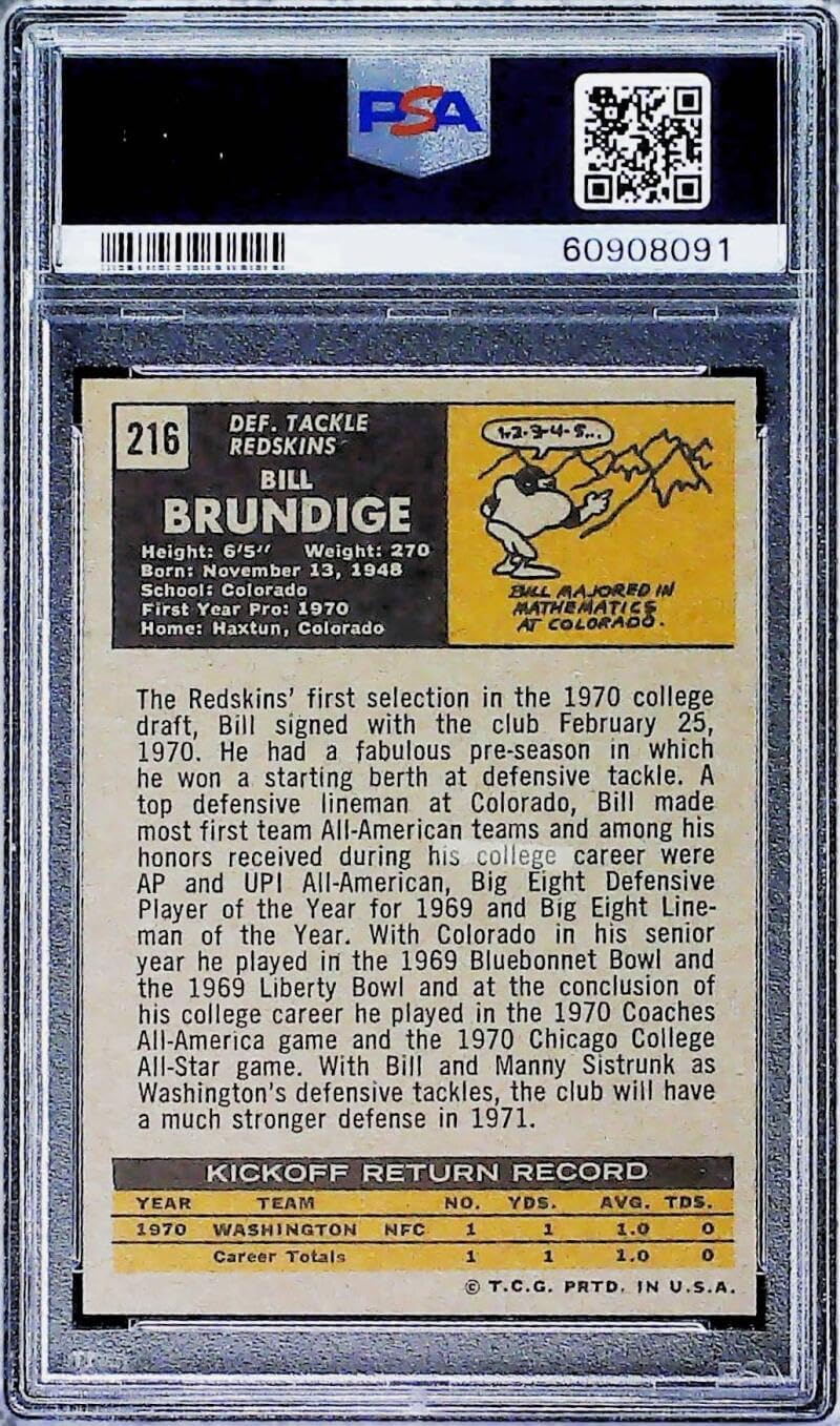 1971 Topps Football #216 Bill Brundige Washington Redskins PSA 7 NM Trading Card