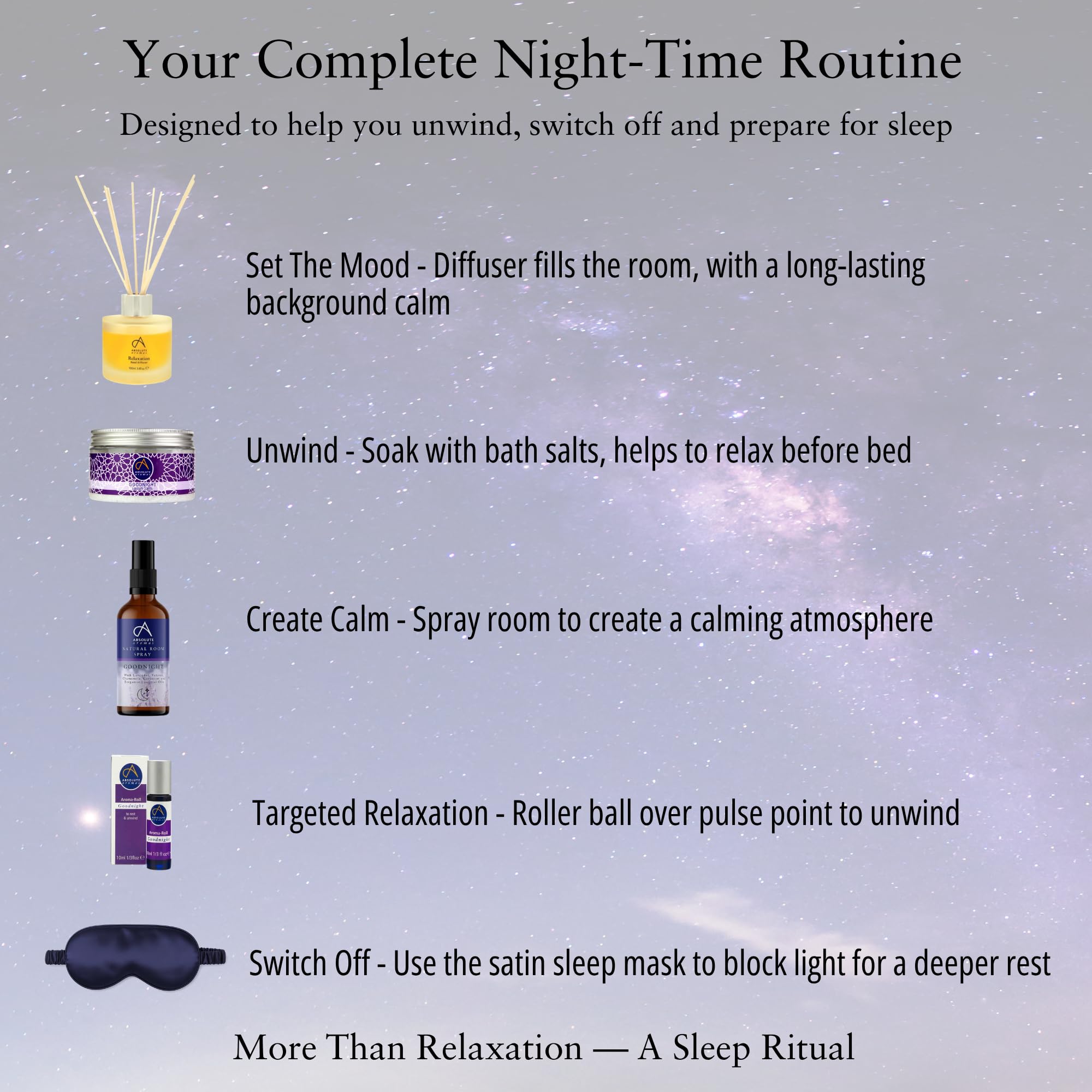 Absolute Aromas Sweet Dreams Coffret cadeau de sommeil – Vaporisateur d'ambiance Goodnight, boule roulante, sels de bain Epsom, diffuseur de parfum de relaxation et masque pour les yeux
