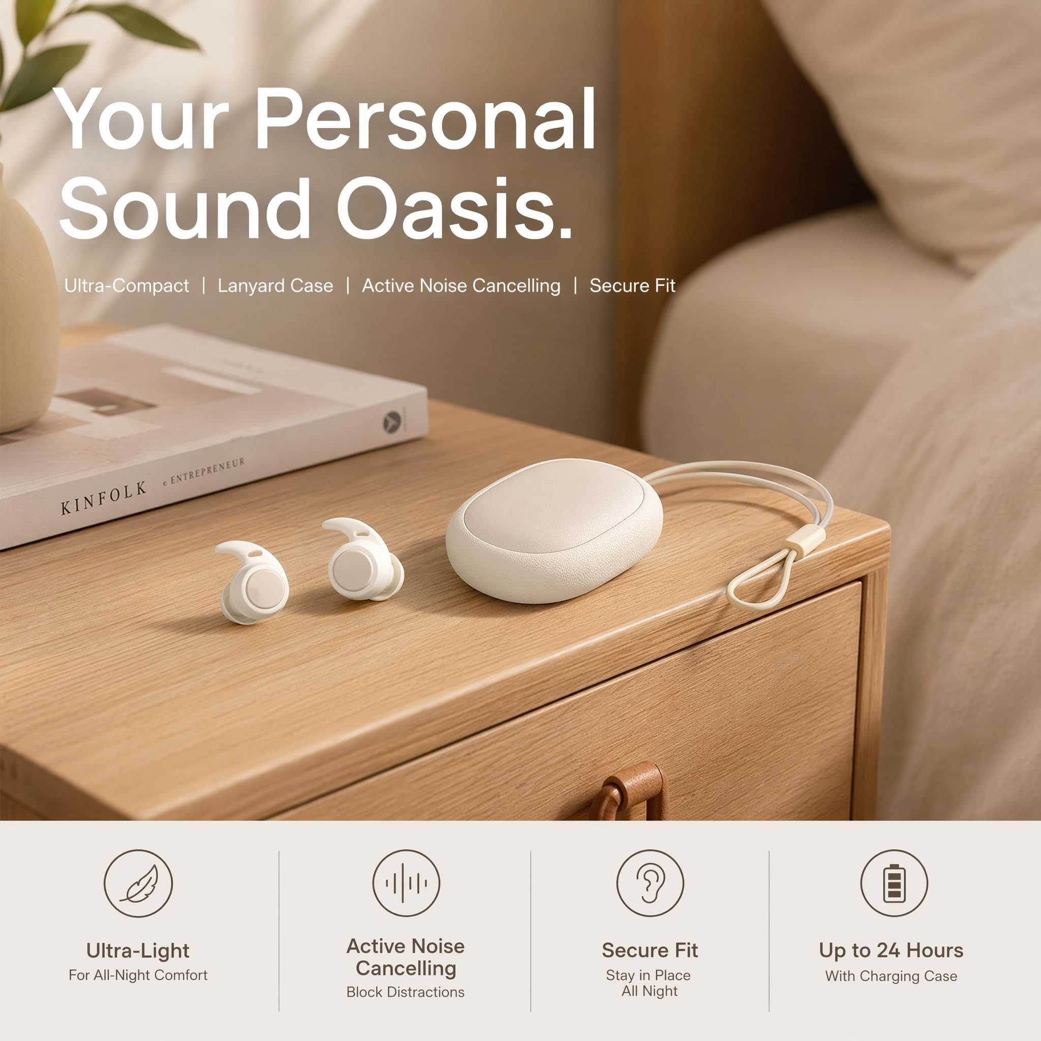 NE76 Auricolari Bluetooth 6.0 Wireless, Tapones para Dormir, con Cancelación Activa de Ruido, Sistema Adaptativo para Bloquear los Ronquidos, Quienes Duermen de Lado y 45h de Reproducción- Beige