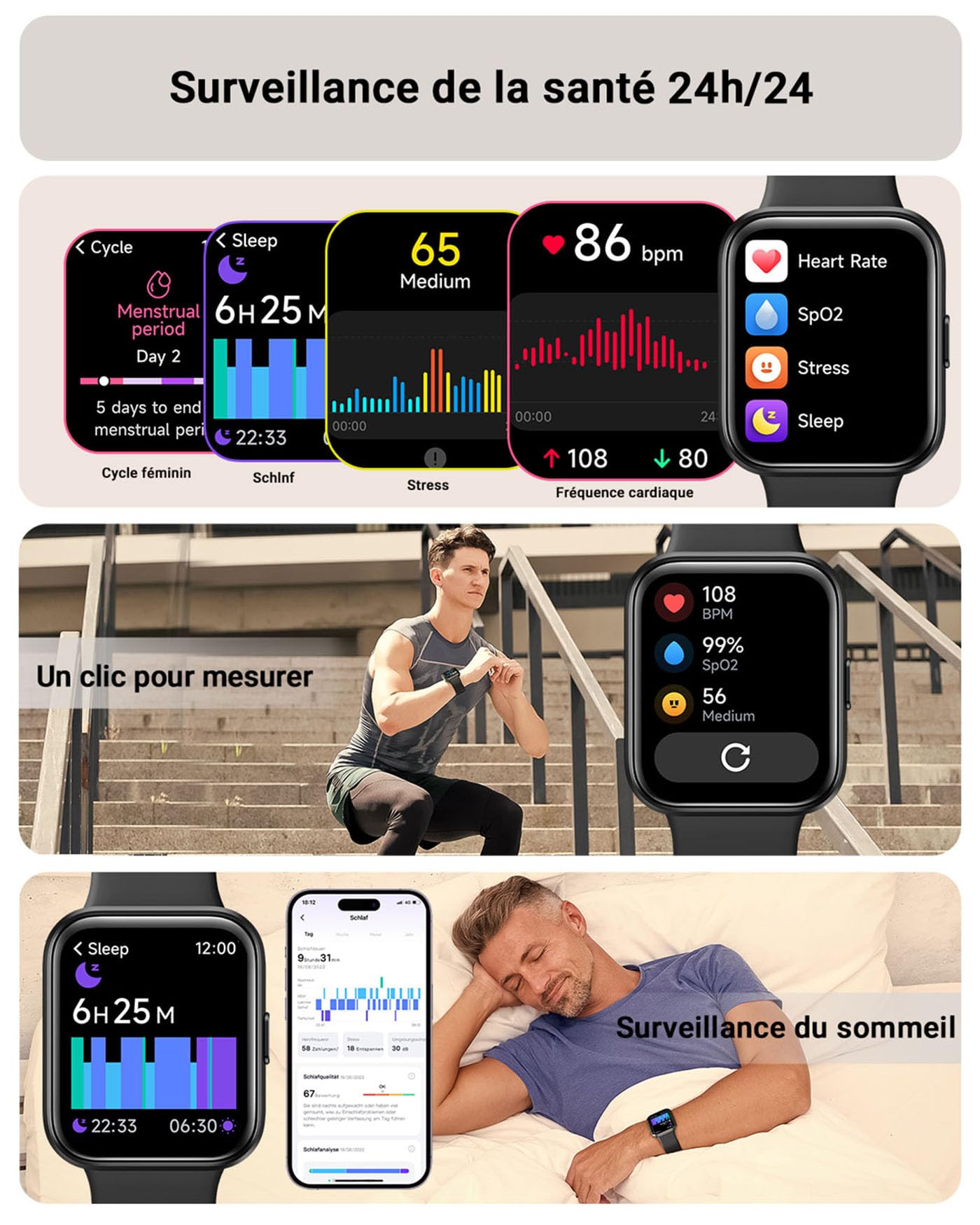 Montre Connectée Homme, 1,85" Femme Smartwatch pour Samsung iPhone Android, Alexa intégrée 3ATM 100+ Modes Sportifs Moniteur de SpO2/Sommeil/Fréquence Cardiaque/Podometre/Calories Noir