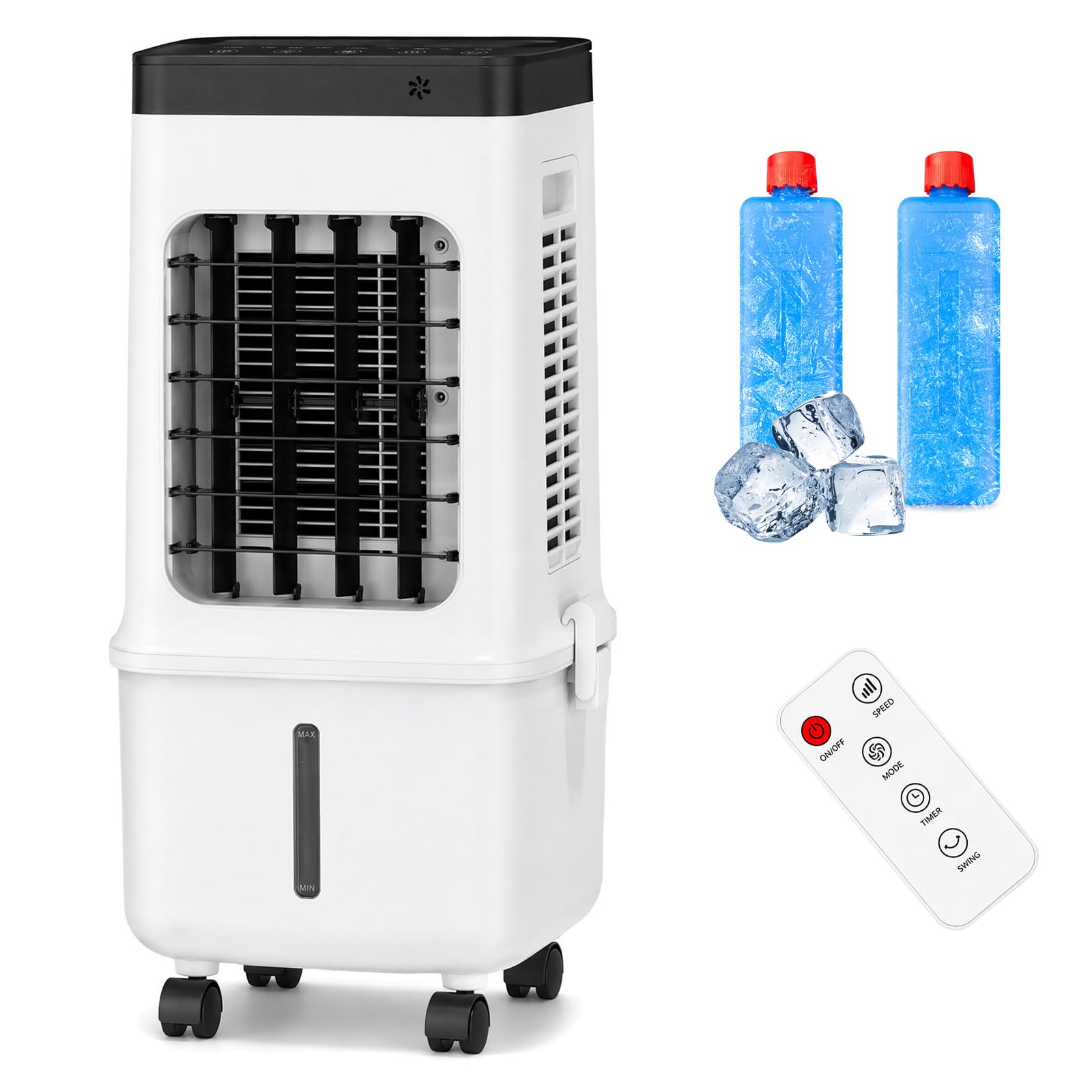 Leise Mobile Klimaanlage 12L Wassertank, Luftkühler mit Schlafmodus & 7H Timer, 4-in-1 Verdunstungskühler ohne Schlauch, inkl. 2 Kühlakkus für Schlafzimmer