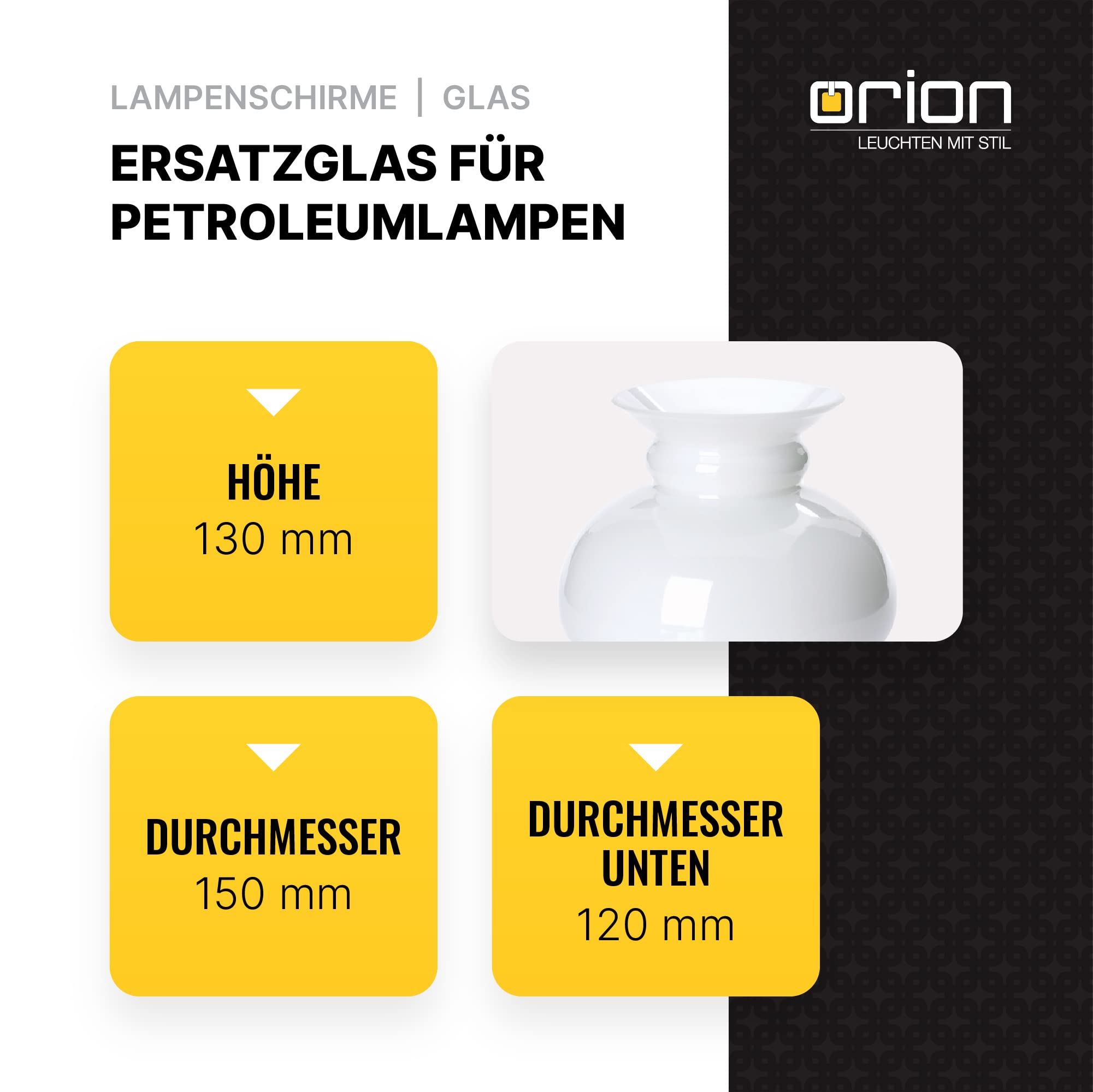 Vesta Schirm für Lampen (Ø 150 mm, unten 120 mm), Höhe 130 mm, Ersatz Lampenschirm aus Glas, Glasschirm für Petroleumleuchten, Laternen, Leuchten, Opalglas, Weiß