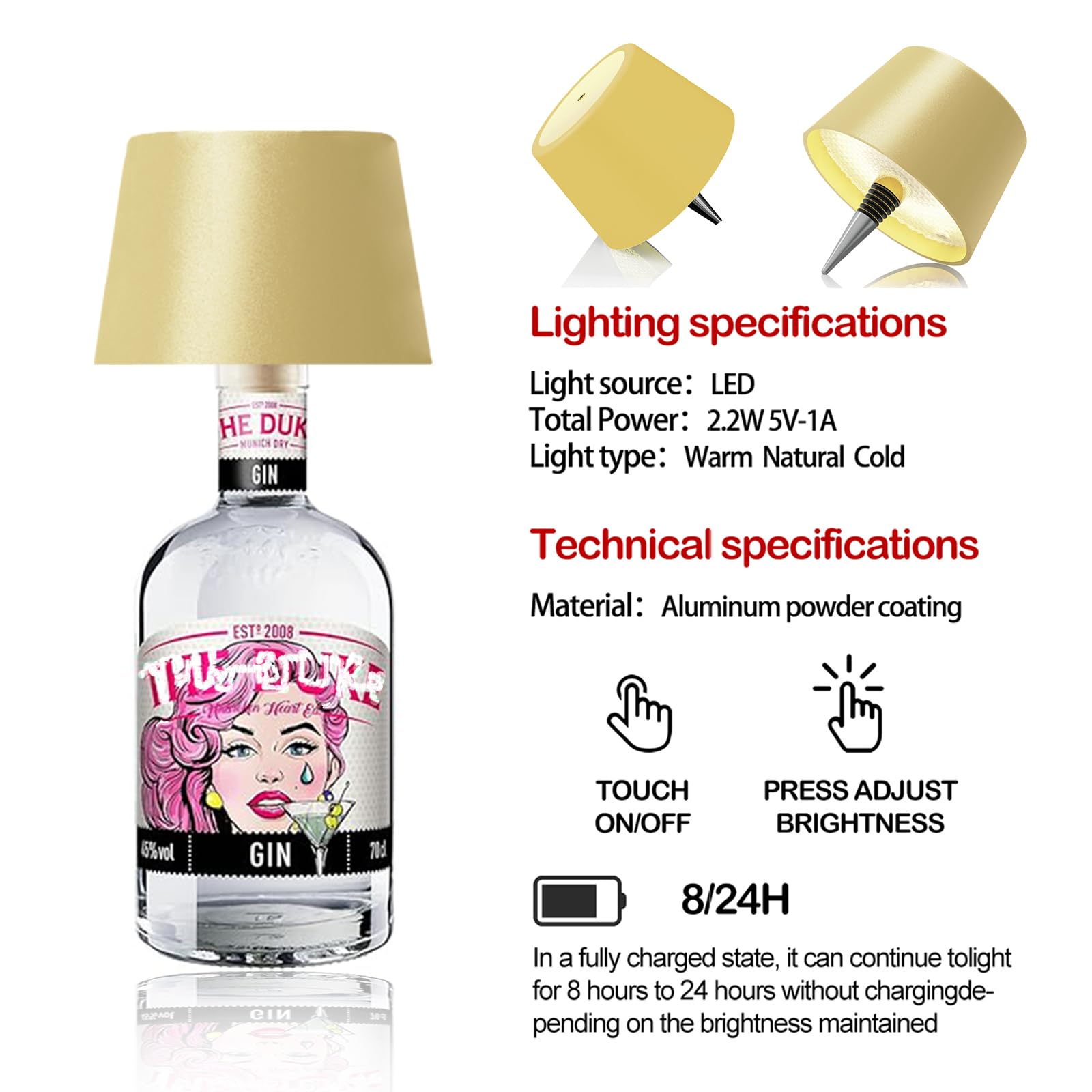 MU LIN lampada bottiglia ricaricabile,lampada da tavolo senza fili,Controllo Touch da 3 Modalita Temperatura di Colore, Dimmerabile, per Soggiorno, Ristorante