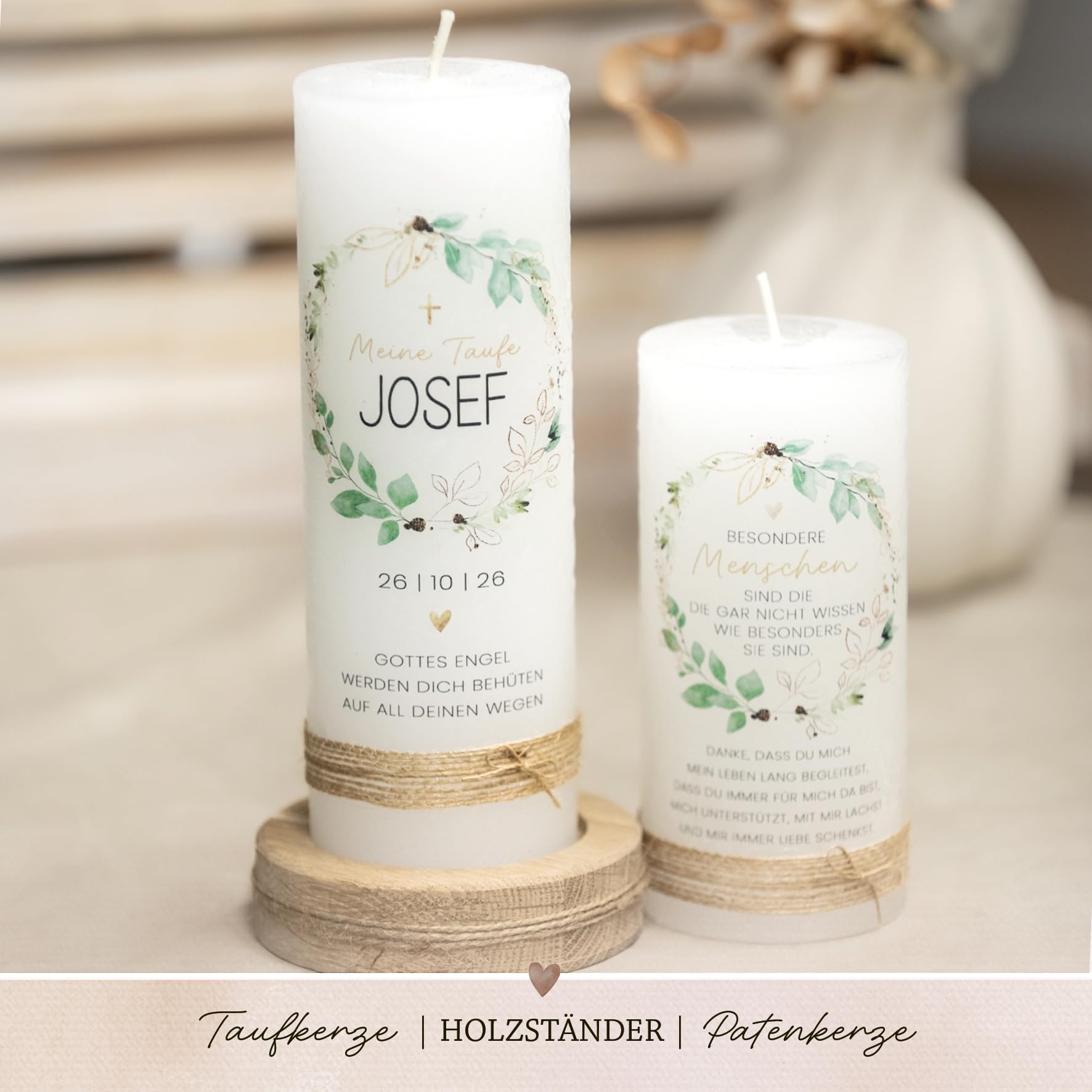 Personalisierte Taufkerze | Moderne handgemachte Kerze mit Name & Datum Junge | Individuelles Taufgeschenk Bub | Hochwertige Rustikkerze | Partenkerze Taufe | Blau Grün Boho (B-Mint)
