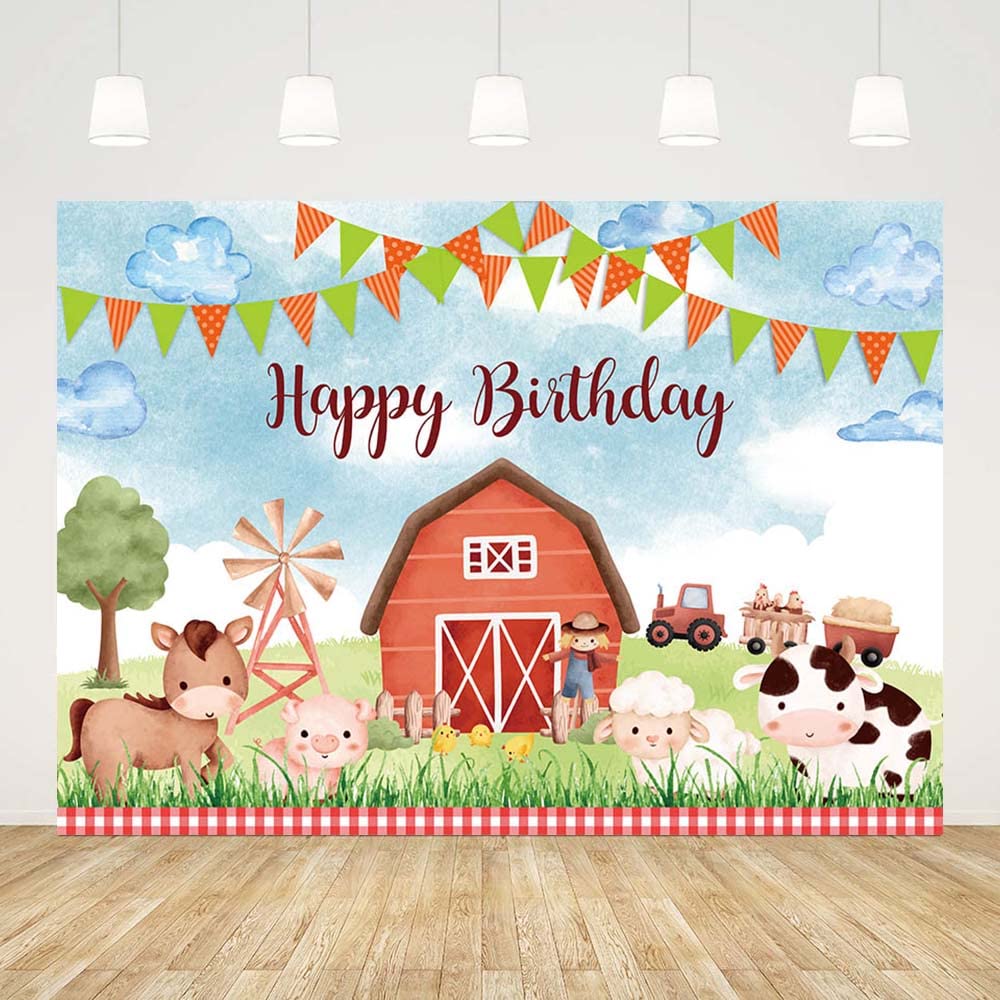 AIBIIN 2,4 x 1,8 m Cartoon Farm Compleanno Fotografia Sfondo Rurale Rosso Fienile Animale Verde Prato Bandiera Sfondo Baby Shower Torta Smash Banner Festa Bambini Decorazione Ritratto Foto Puntelli