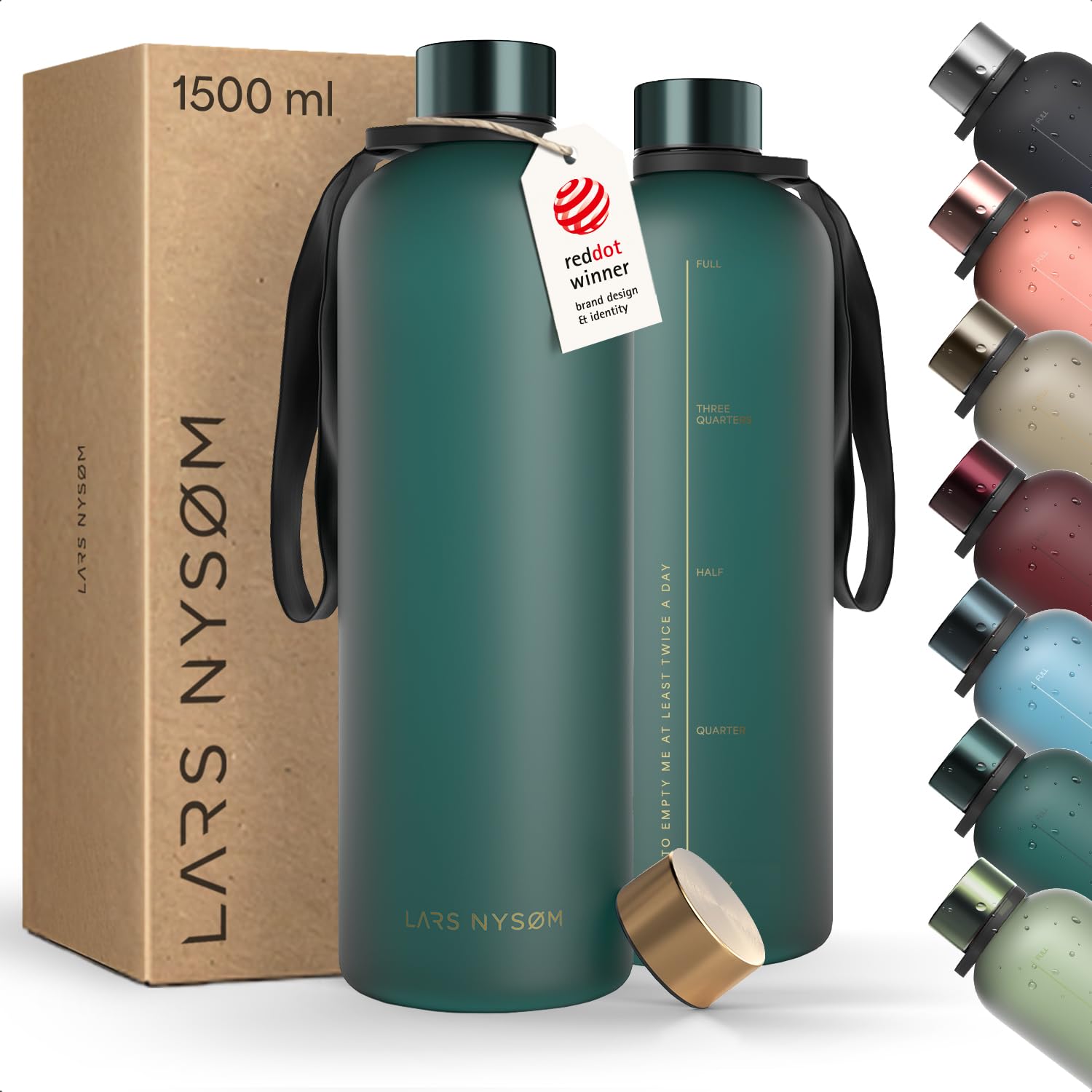 LARS NYSØM Water Bottle 51oz | Drinking Bottle 1,5Liter | Ultralight Tritan Sports Flask leak-proof | Ideal for sports, office, yoga | 2 lids included (Green - Gold, XL 1500ml)