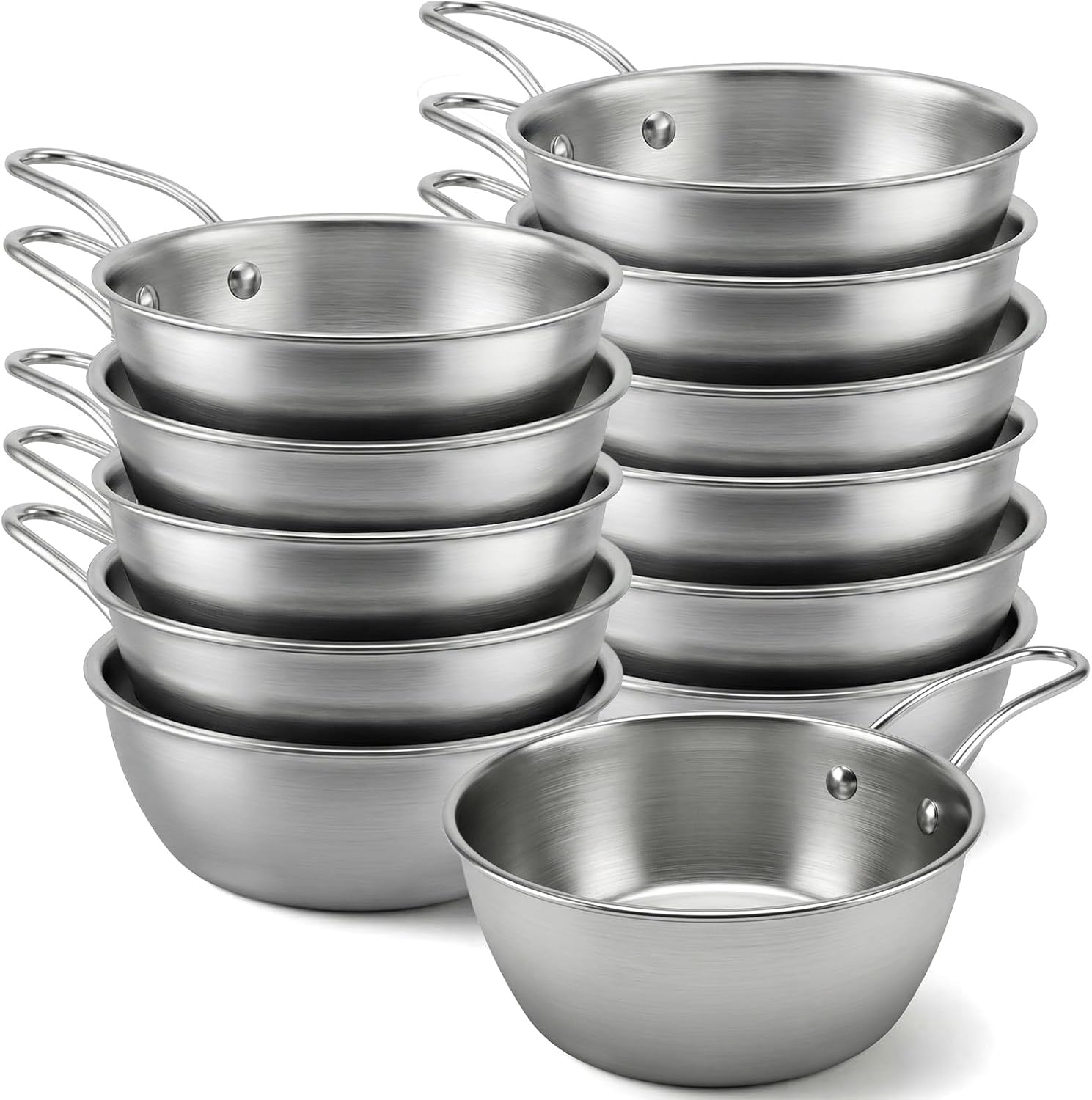 12 Pcs Korean Traditional Wine Bowls, 20 Oz Stainless Steel Makgeolli Bowls with Handle, Round Rice Bowl Camp Wine Cup, Silver Hiking Soup Dish for Picnic, Dinner Party, Sliver
