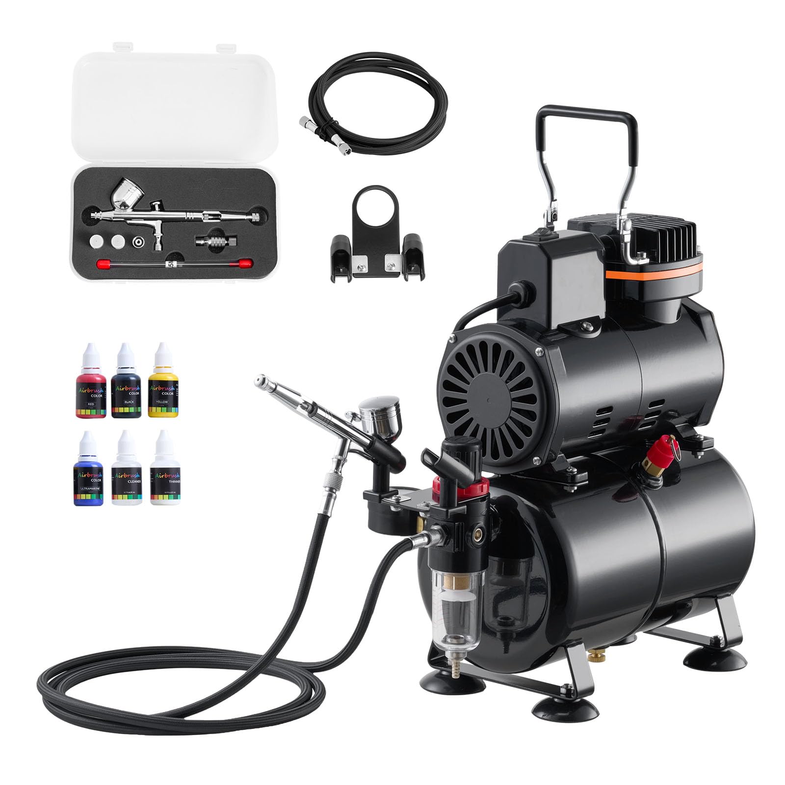 VEVOR Kit de Aerógrafo con Compresor de Aire 1/6 HP Compresor de Aerógrafo de Doble Acción con 3 Boquillas, Manguera, 4 Pinturas Acrílicas, Kit de Pintura para Decoración de Tartas, Maquetas, Uñas