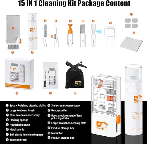 Miniatura 2 de walrfid Kit limpiador de teclado para laptop, herramienta de cepillo de limpieza de pantalla de computadora 15 en 1 para iPhone, teléfono, iPad,