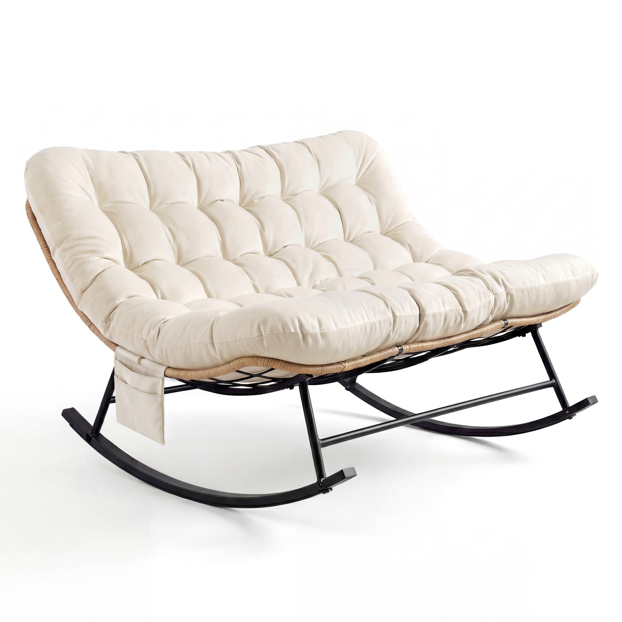 Garvee Fauteuil à Bascule Double Robuste 450 lbs – Dossier rembourré – Tissu imperméable – Cadre métal – Idéal Jardin, terrasse, Salon – Mobilier Moderne – Rotin Jaune et Coussins Beige Clair