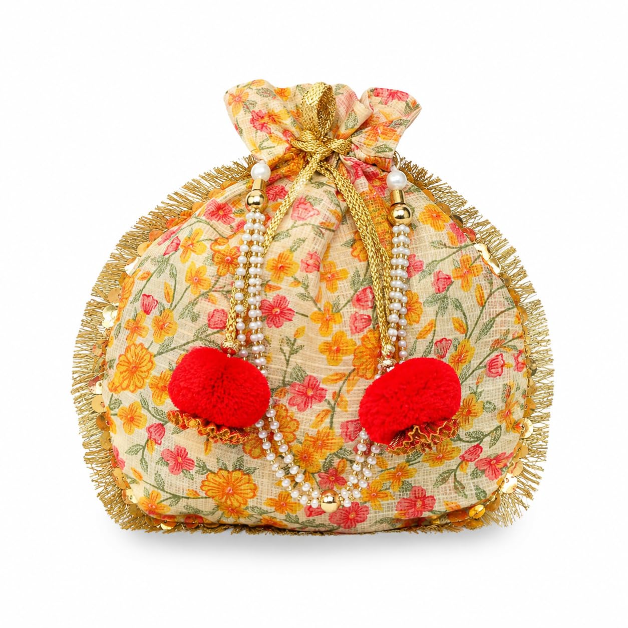 Floral Printed Potli Bag for Women | Ethnic Drawstring Potli Purse with Pearl Tassels, Golden Lace & Pom Pom | Traditional Wedding Clutch for Bridal, Party, Festive & Gift Use-image-12