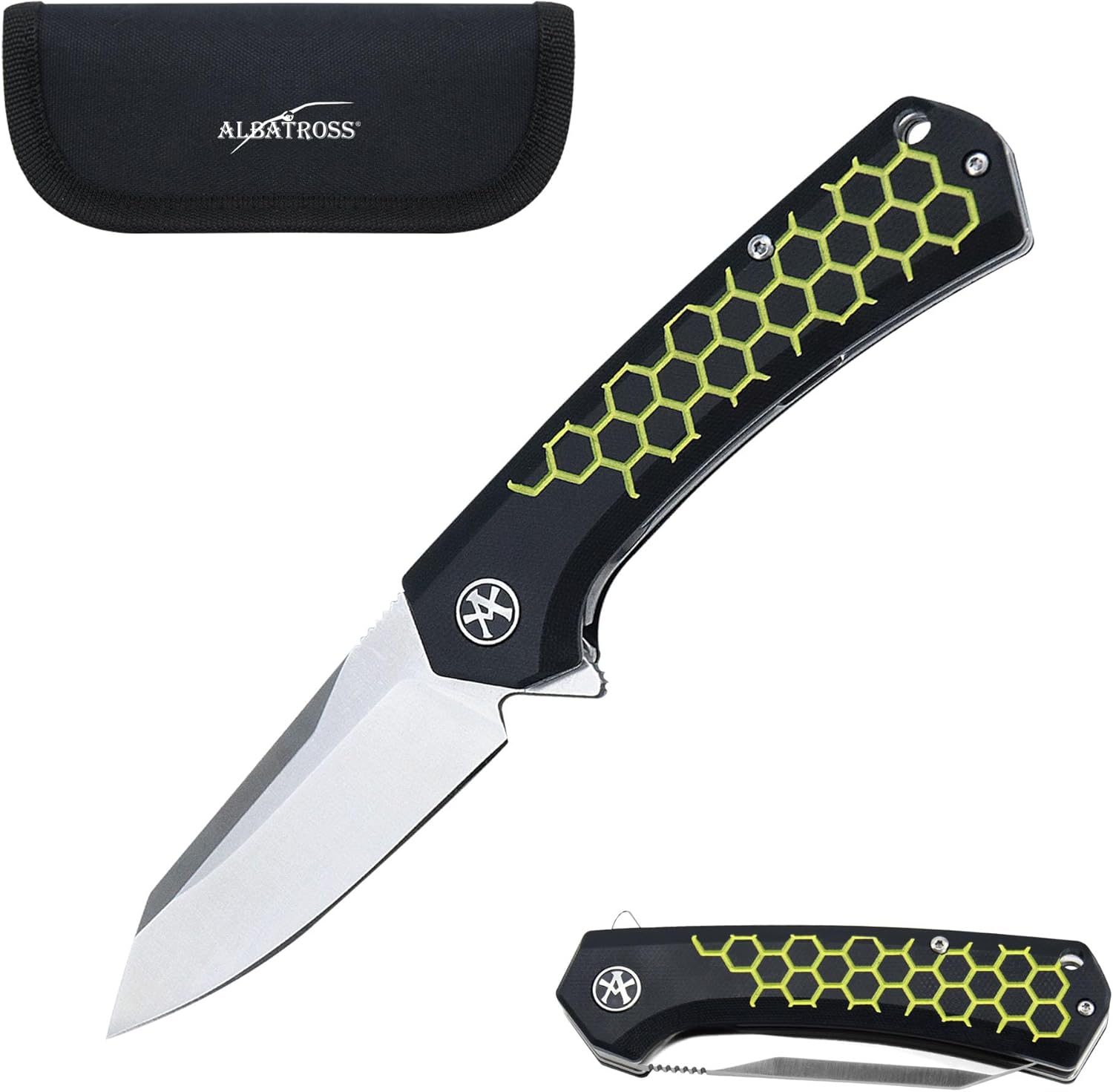 ALBATROSS Pocket Folding Knife, 3" D2 Steel Satin Blade, 4.5" Black G10 Handle with Hexagonal Pattern, Liner Lock, FK055 (Yellow)