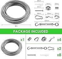 Vista 3 de Cuerda de alambre de 116 de 98 pies, 98.4 ft de acero inoxidable 304 tendederos, kit de tensor de alambre para colgar cuerdas, colgar alambre