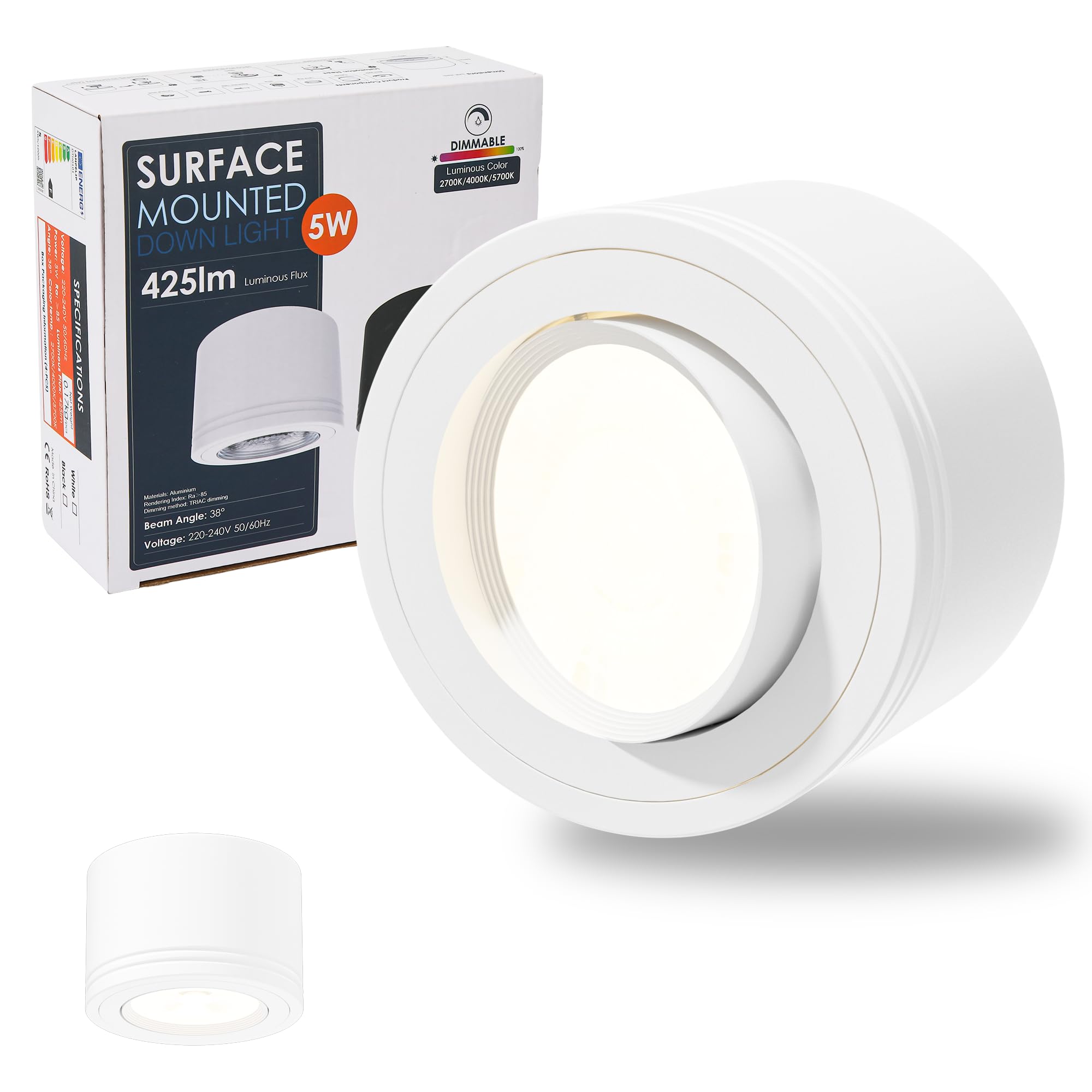 LAMPELIP LED Aufbauspots Weiß Dimmbar - Extra Flach & 30° Schwenkbar - Ø82x52mm Deckenspots inkl. 5W LED Modul 230V 2700K/4000K/5700K - Aufputz Deckenstrahler
