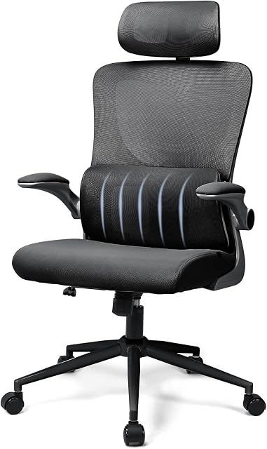 BASETBL Ergonomiczne krzesło biurowe z podparciem lędźwiowym i regulowanym zagłówkiem, krzesło biurowe ze składanymi podłokietnikami, z regulacją wysokości i funkcją przechylania się, do 150 kg