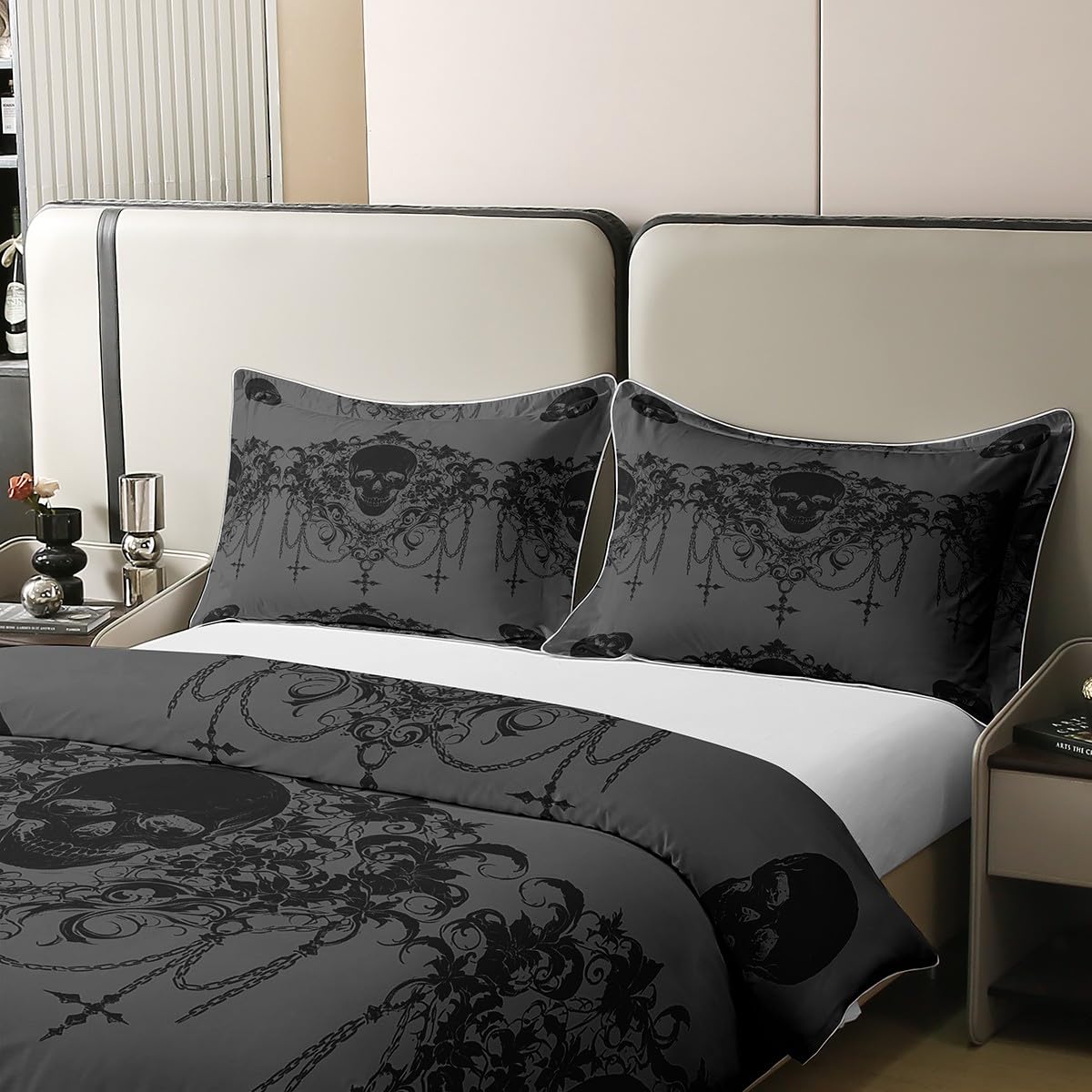 Homewish Bettbezug Gothic 100% Baumwolle Bettwäsche Set 155x220 für Kinder Teens Erwachsene Goth Sugar Skull Tröster Abdeckung Bleistift Grau Damast Bett Set Bohemian Vintage Floral mit 1 Kissenbezug