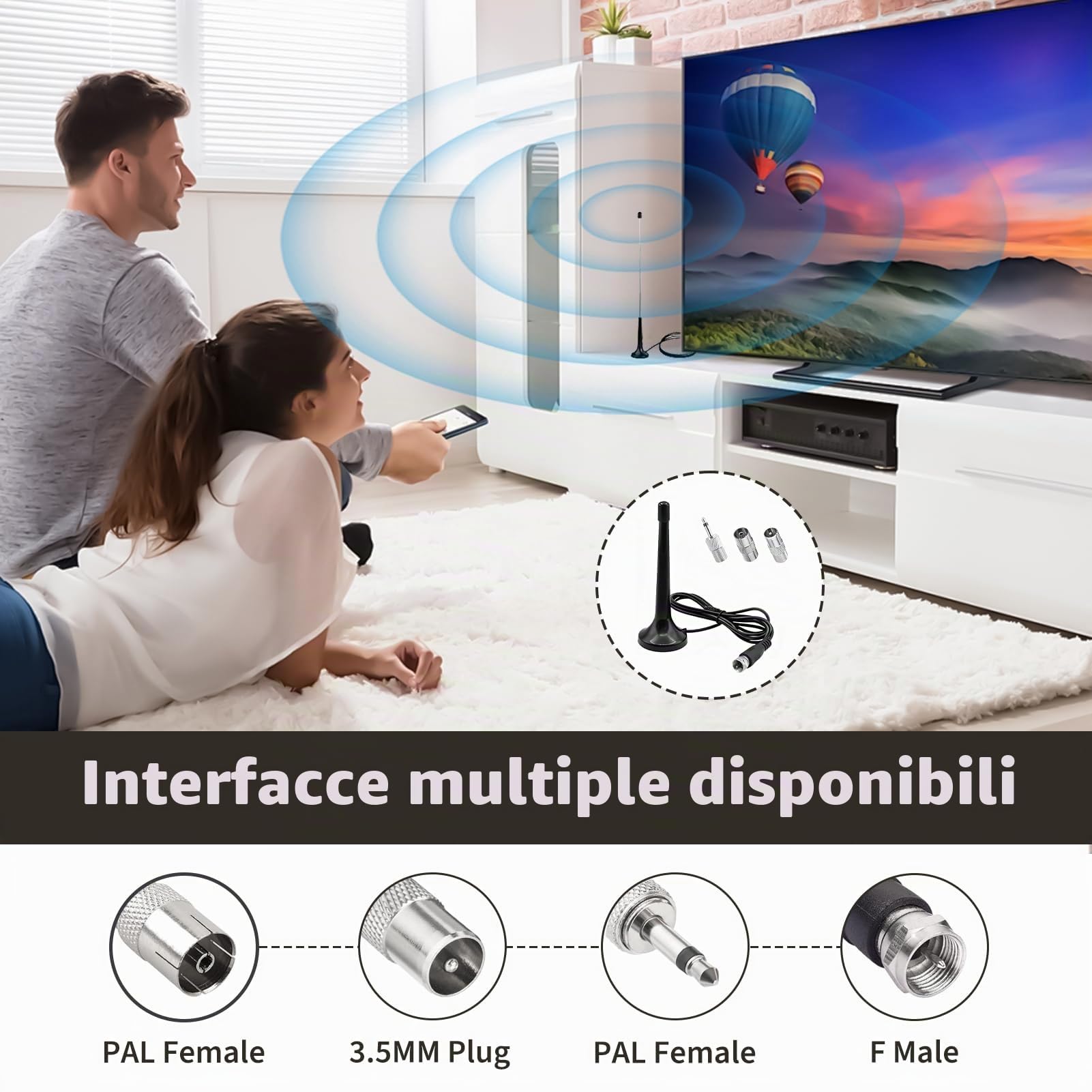 Antenna FM/DAB Interna Per Stereo HiFi – Base Magnetica, Cavo Telescopico 3m, 75 Ohm, Con Adattatori Per Amplificatori E Ricevitori