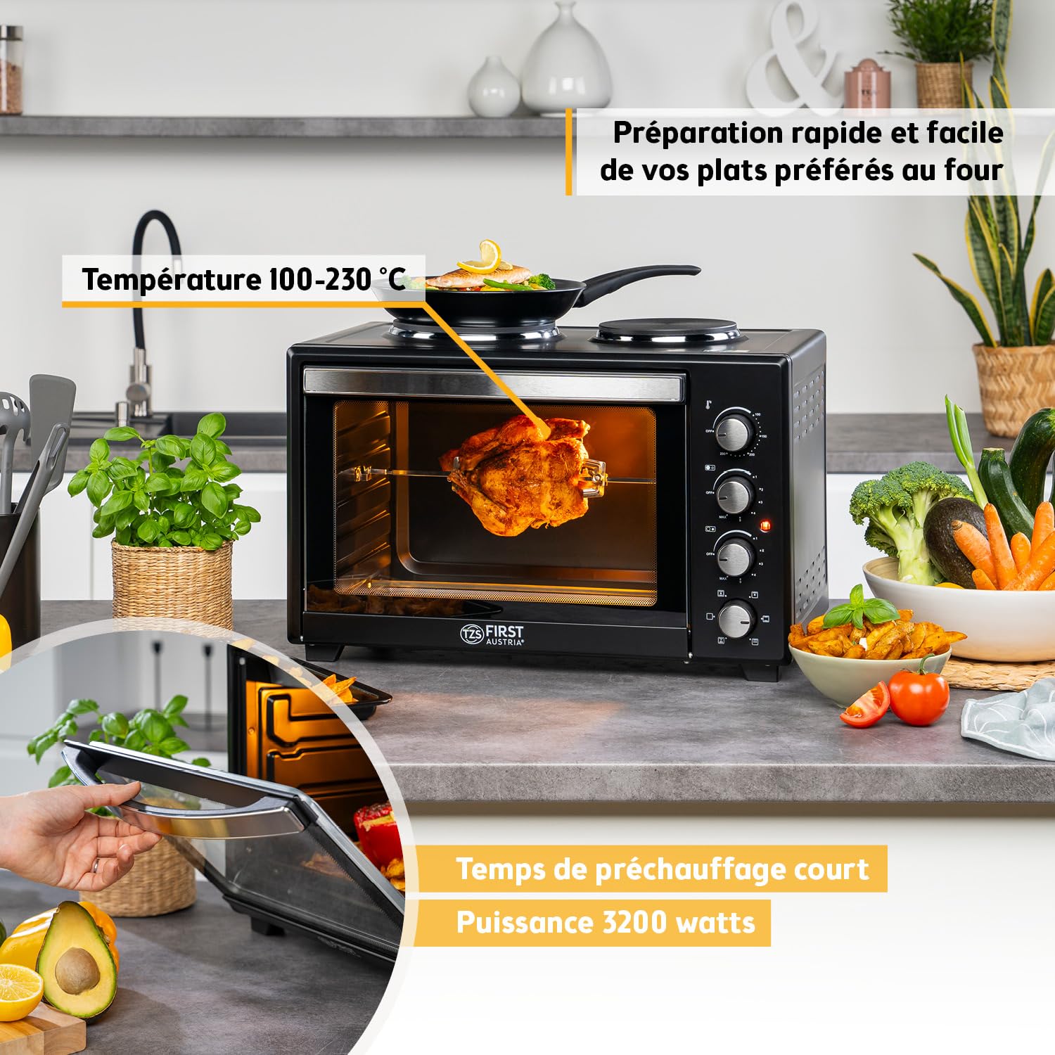 TZS First Austria - Mini-Four avec plaques de cuisson 45L 3200 W - Four à pizza jusqu'à 230°C & revêtement antiadhésif - Multifonction avec 4 hauteurs d'insertion & accessoires de haute qualité