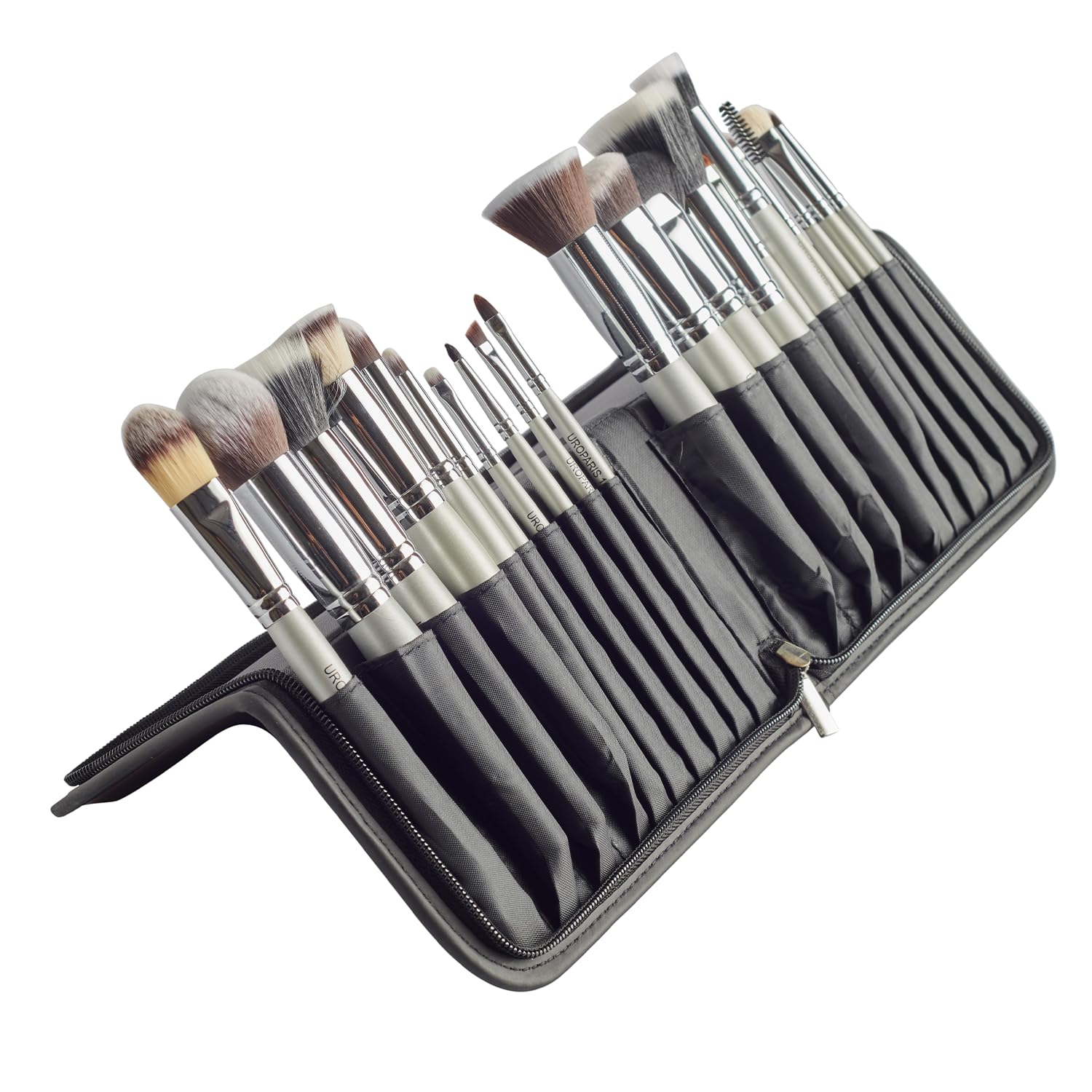 uroparis semi-pro makeup brush set — 23 brushes with folding leather pouch | makeup tool with wooden handle | for flawless application | easy to carry & clean - silver (23 pcs)
