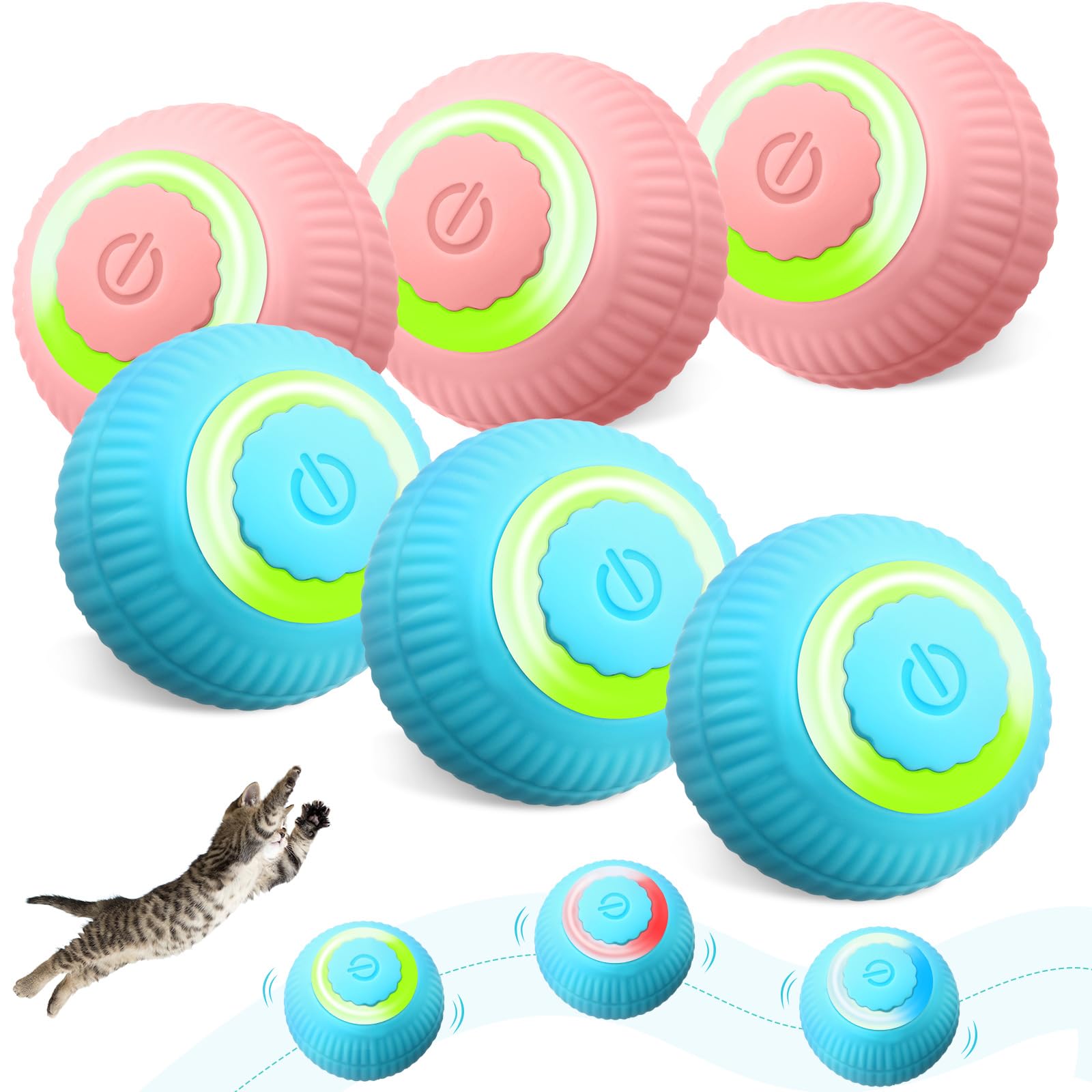 WinnerWhy 6 Pack Interactive Cat Ball Toy for Indoor Automatic Smart Rolling Ball with LED Light 2 Modes Electric Self Rolling Toy for Large and Small Puppy Kitten