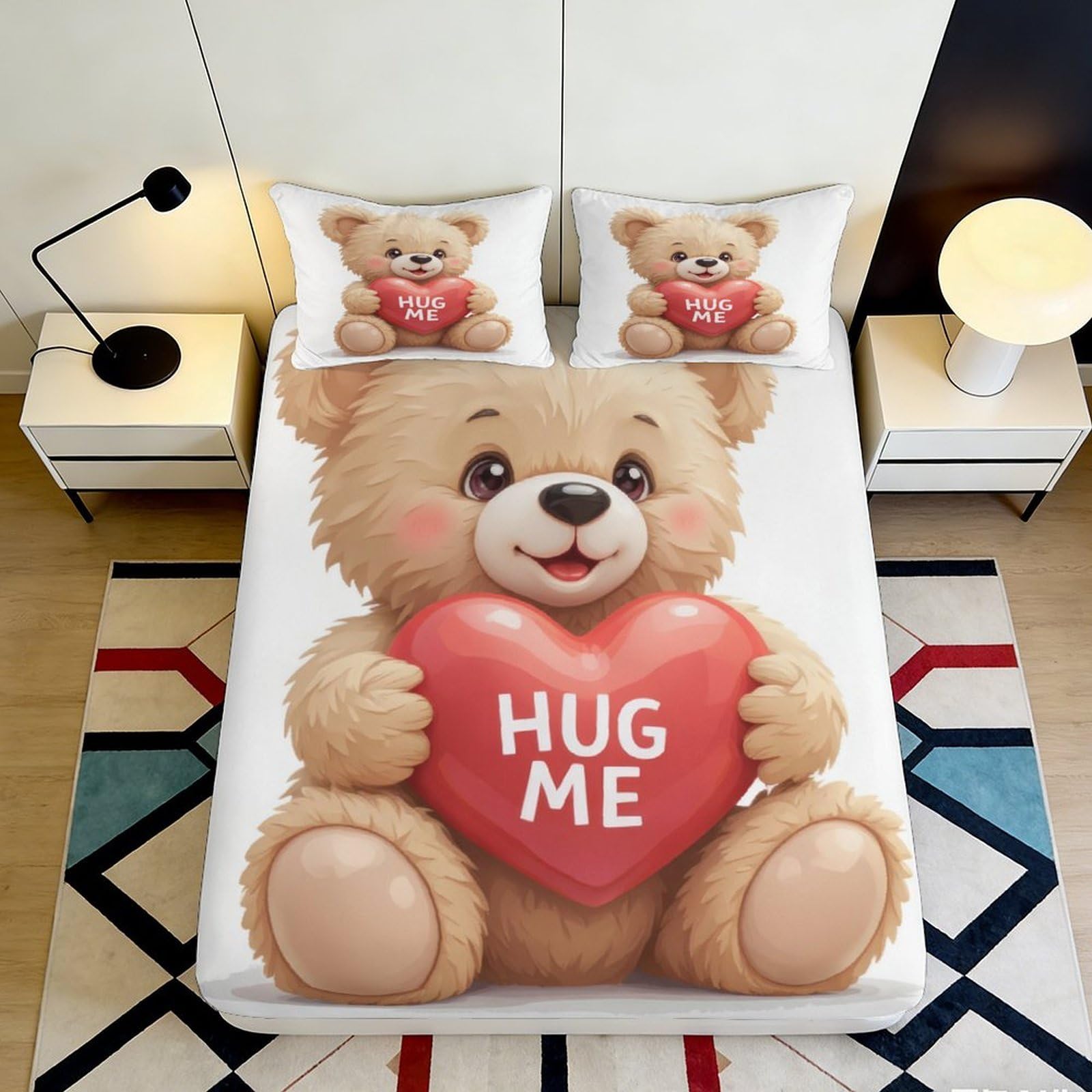 3D Printed Cute Teddy Bear Fitted Sheet Microfiber Soft Hug Me Heart Bed Cover for Bedroom Dorm Mattress Decor 90x200x25cm