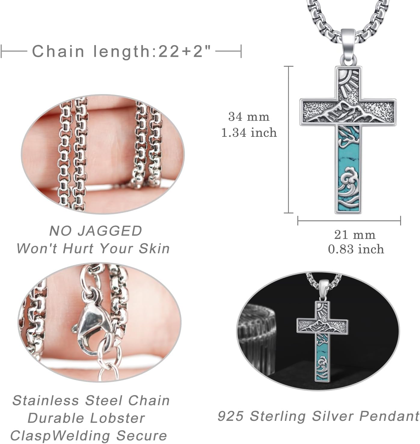 Turquoise Necklace 925 Sterling Silver Western Cross Pendant Necklaces Vintage Turquoise Jewelry for Men Native American Jewelry Gifts - Image 6