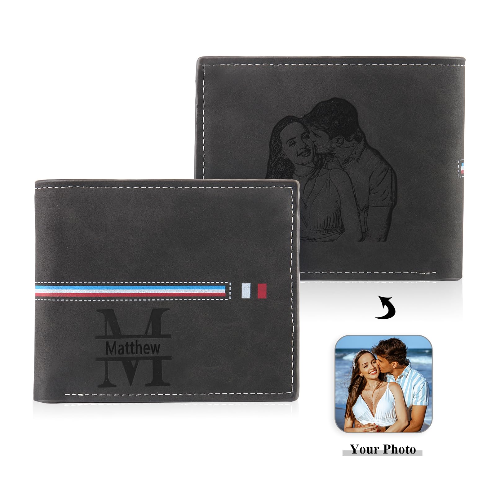 Portefeuille Personnalisé pour Homme, Portefeuille en Cuir Gravé des Initial et du Nom, Portefeuille RFID pour Homme, Cadeau Fête des Pères, Cadeaux d'anniversaire pour Mari (Noir)