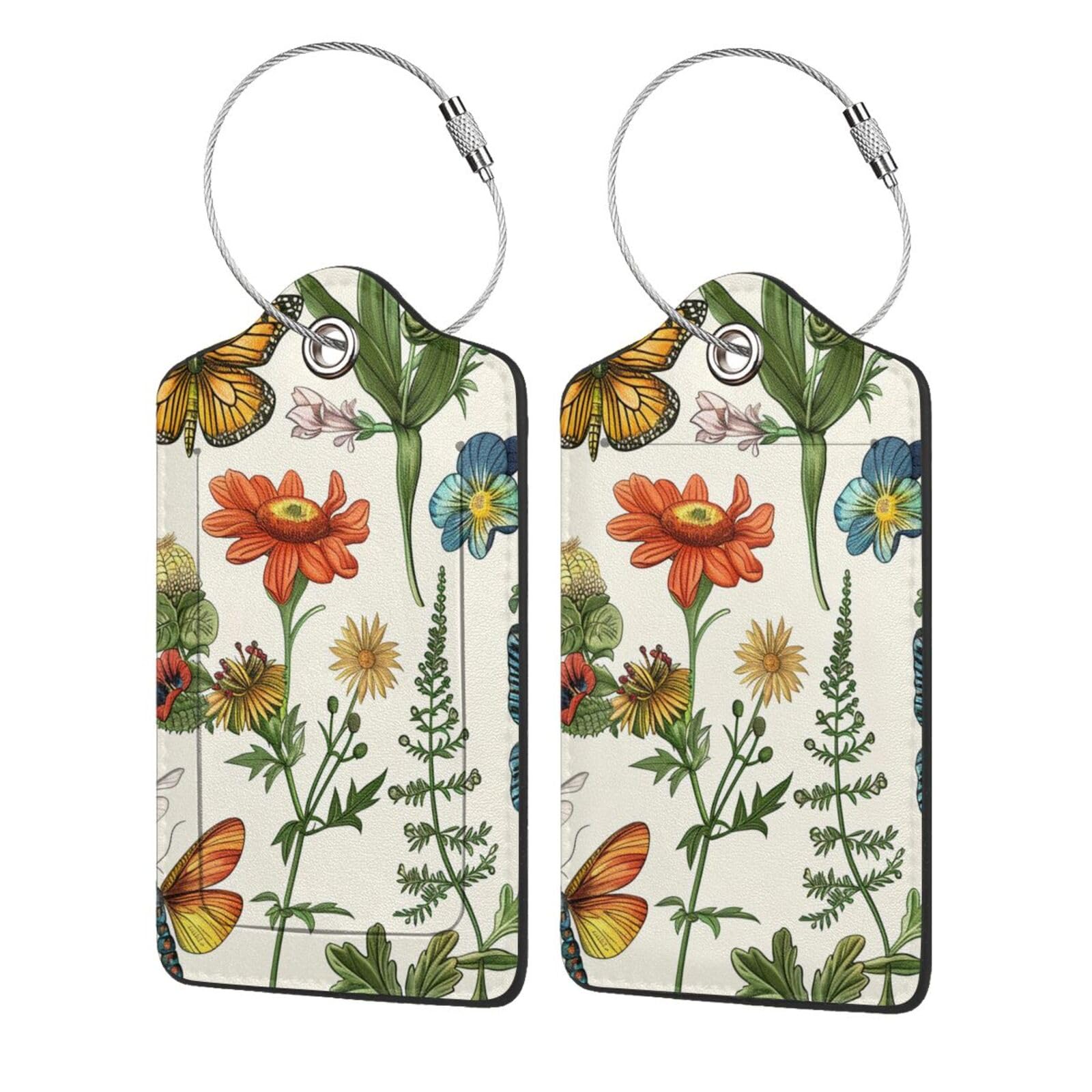 4 etiquetas de equipaje de piel sintética para maleta, flores florales, mariposas, rústicas, decoración vintage, etiqueta de equipaje con lazo de acero inoxidable, etiqueta de identificación de