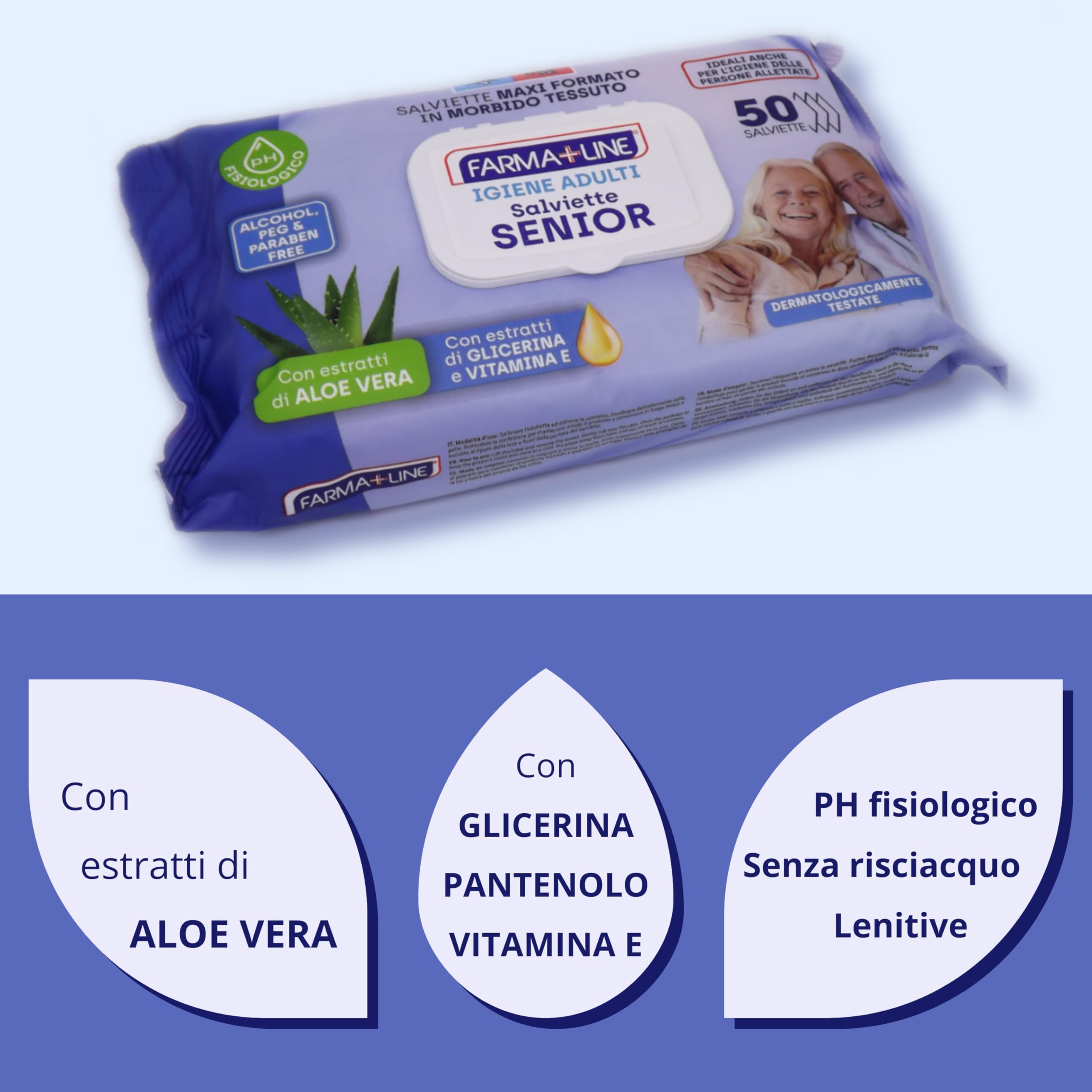 Salviette Senior Igiene Adulti Maxi 20 x 28 cm, 400 pz (8 confezioni da 50 salviette) Aloe Vera, Glicerina e Vitamina E, Senza Alcool, pH Fisiologico