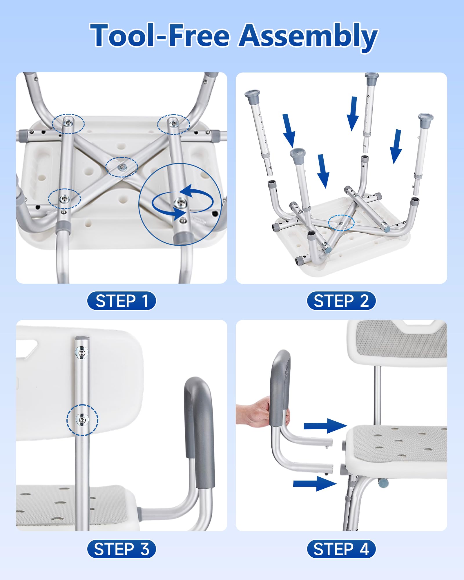 Silla de ducha para ducha interior con respaldo y brazos, silla de baño ajustable para personas mayores, asiento de ducha resistente para bañera interior, taburete de ducha de 330 libras para ancianos