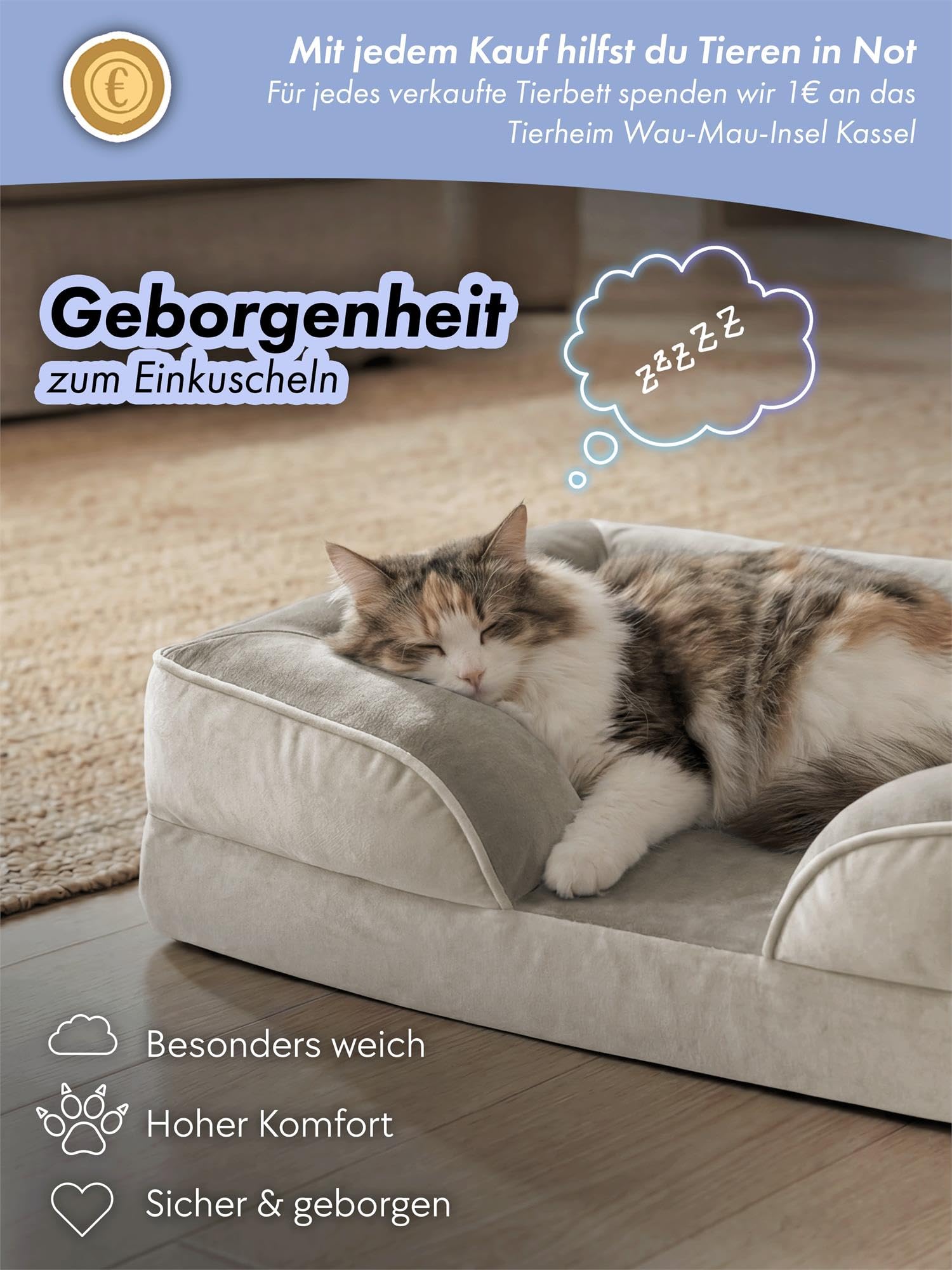 Ergonomisches Katzenbett für Europäische Kurzhaar, 50x60x14 cm, für Maine-Coon und kleine Hunde - Orthopädisches Katzenkissen - waschbares Katzenkörbchen mit hohem Rand Beige 50 cm x 60 cm x 14 cm